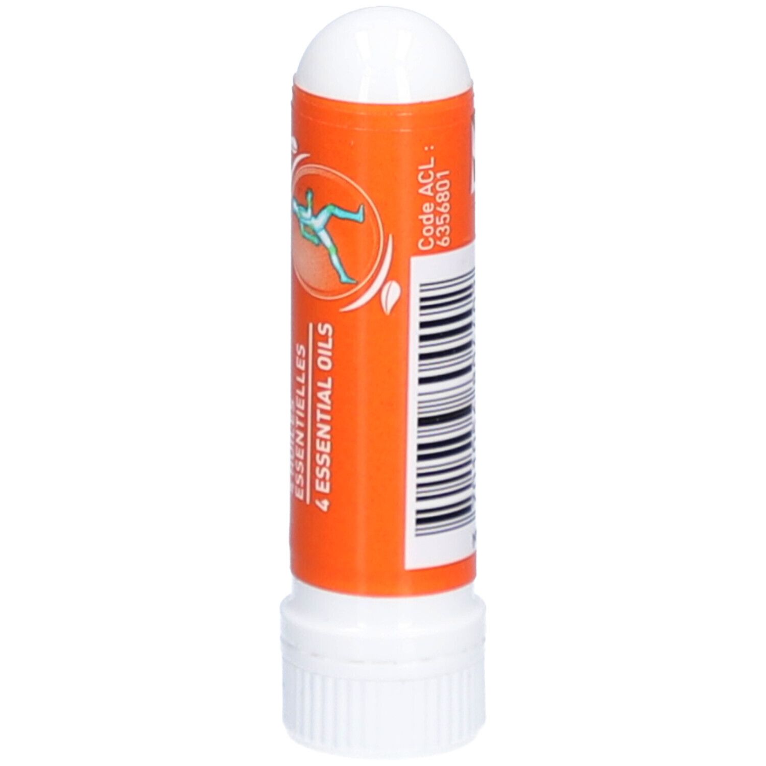 Inhalator, orangefarbener Körper, weißer Deckel. Abbildung einer Person.