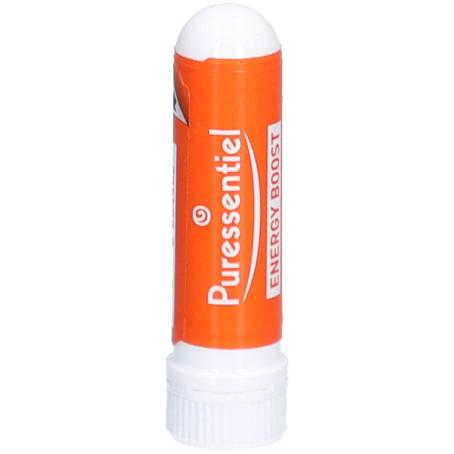 Inhalator mit weißem Deckel und orangefarbenem Körper. Aufschrift: PURESSENTIEL, ENERGY BOOST.