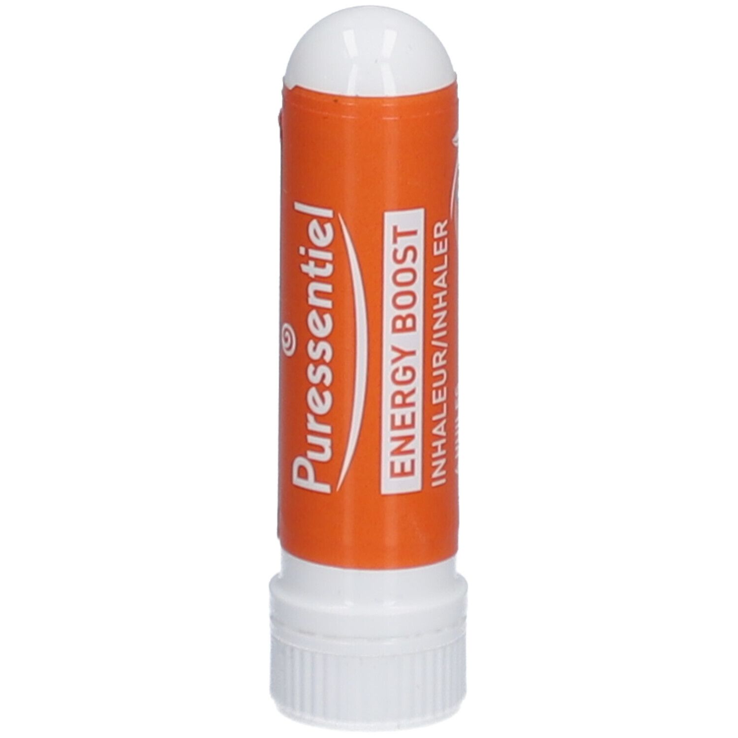 Inhalator mit weißem Deckel und orangefarbenem Körper. Aufschrift: PURESSENTIEL, ENERGY BOOST, INHALER.