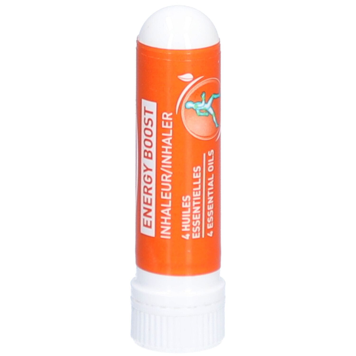 Inhalator, orangefarbener Körper, weißer Deckel. Text: ENERGY BOOST, INHALER, 4 Öle.