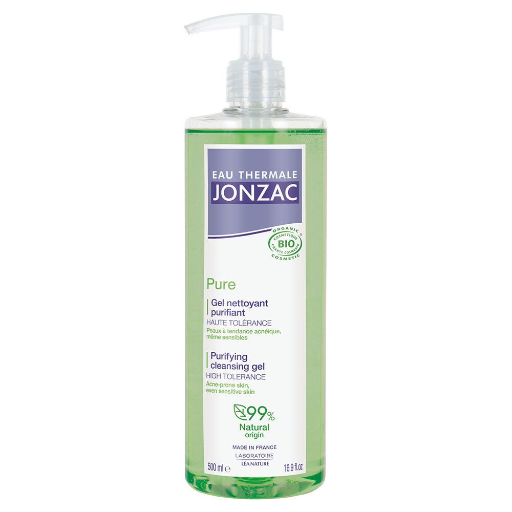 Gel nettoyant Jonzac Pure. Flacon pompe. Liquide verdâtre. Inscriptions: Eau Thermale Jonzac, Pure, 99% Natural.