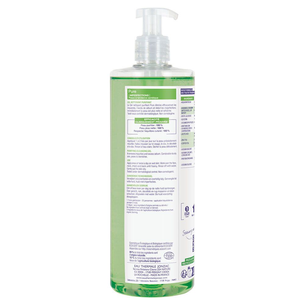 Dos du flacon de gel nettoyant Jonzac Pure. Texte multilingue. Certification bio. Informations sur les ingrédients et le recyclage.