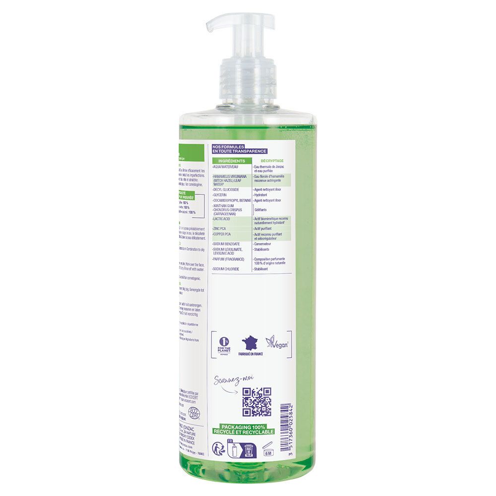 Dos du flacon de gel nettoyant Jonzac Pure. Texte multilingue. Liste des ingrédients. Code QR. Informations sur l'emballage.