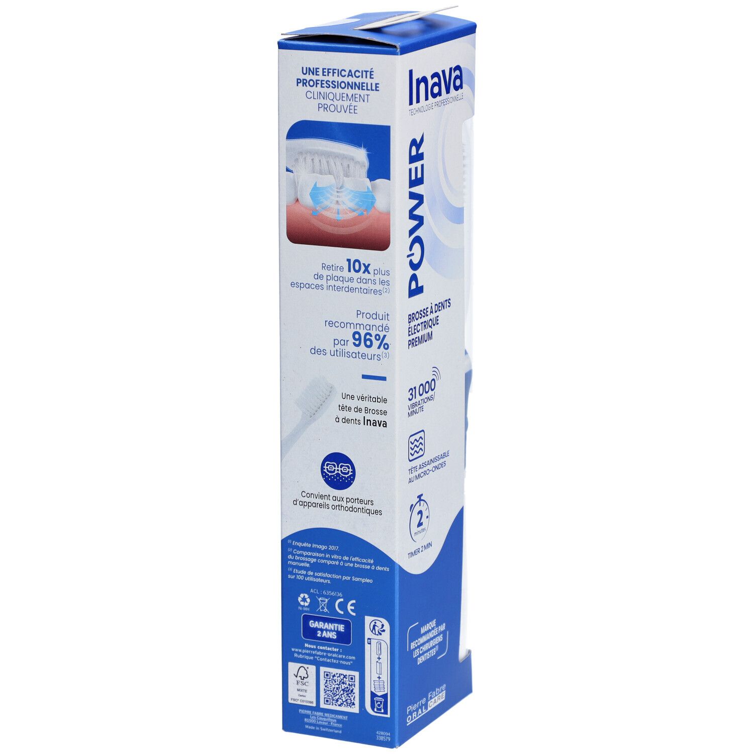 Verpackung der elektrischen Zahnbürste Inava Power. Produkt empfohlen von Zahnärzten. Klinisch nachgewiesene Wirksamkeit.