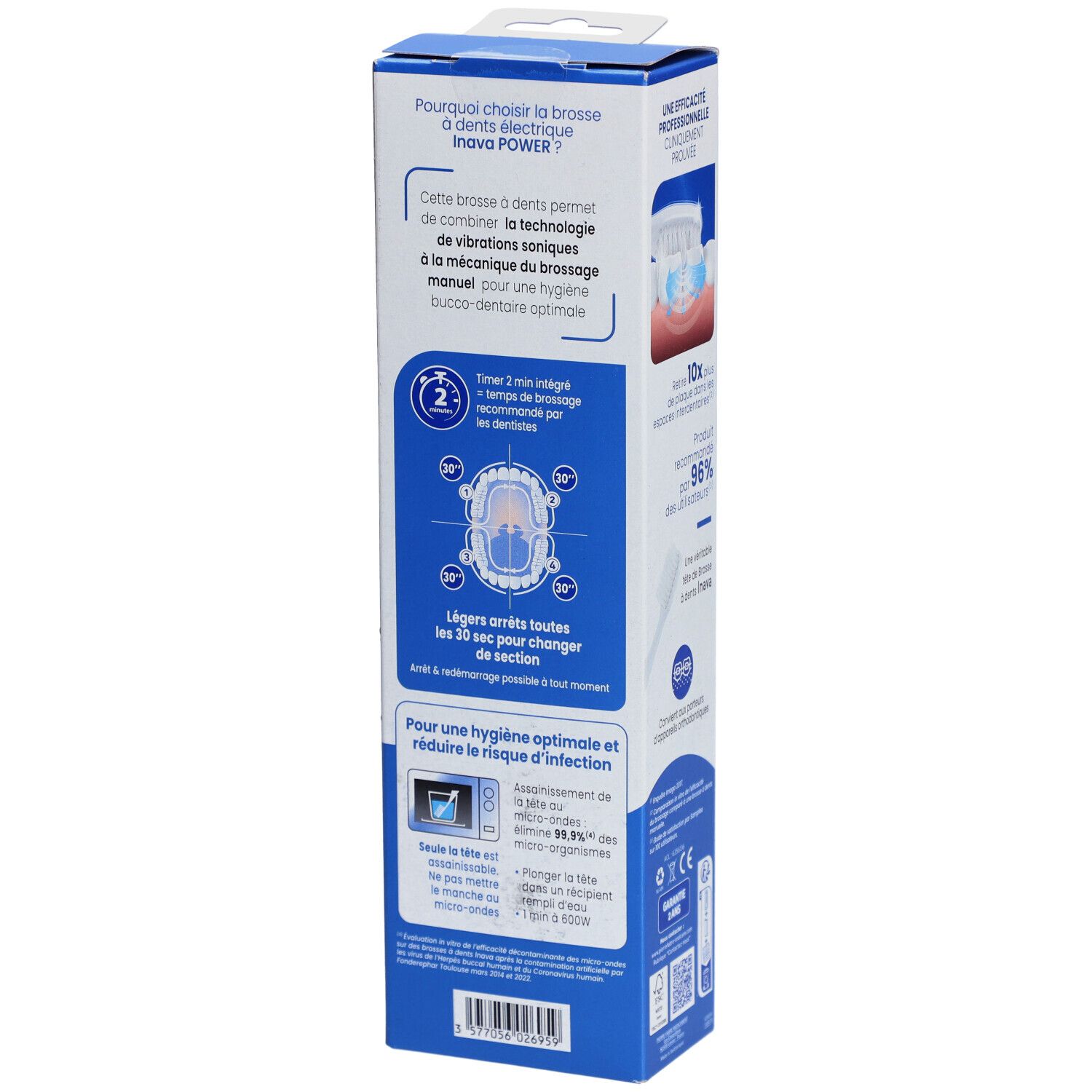 Rückseite der Verpackung der elektrischen Zahnbürste Inava Power. Informationen zur Anwendung und Hygiene.