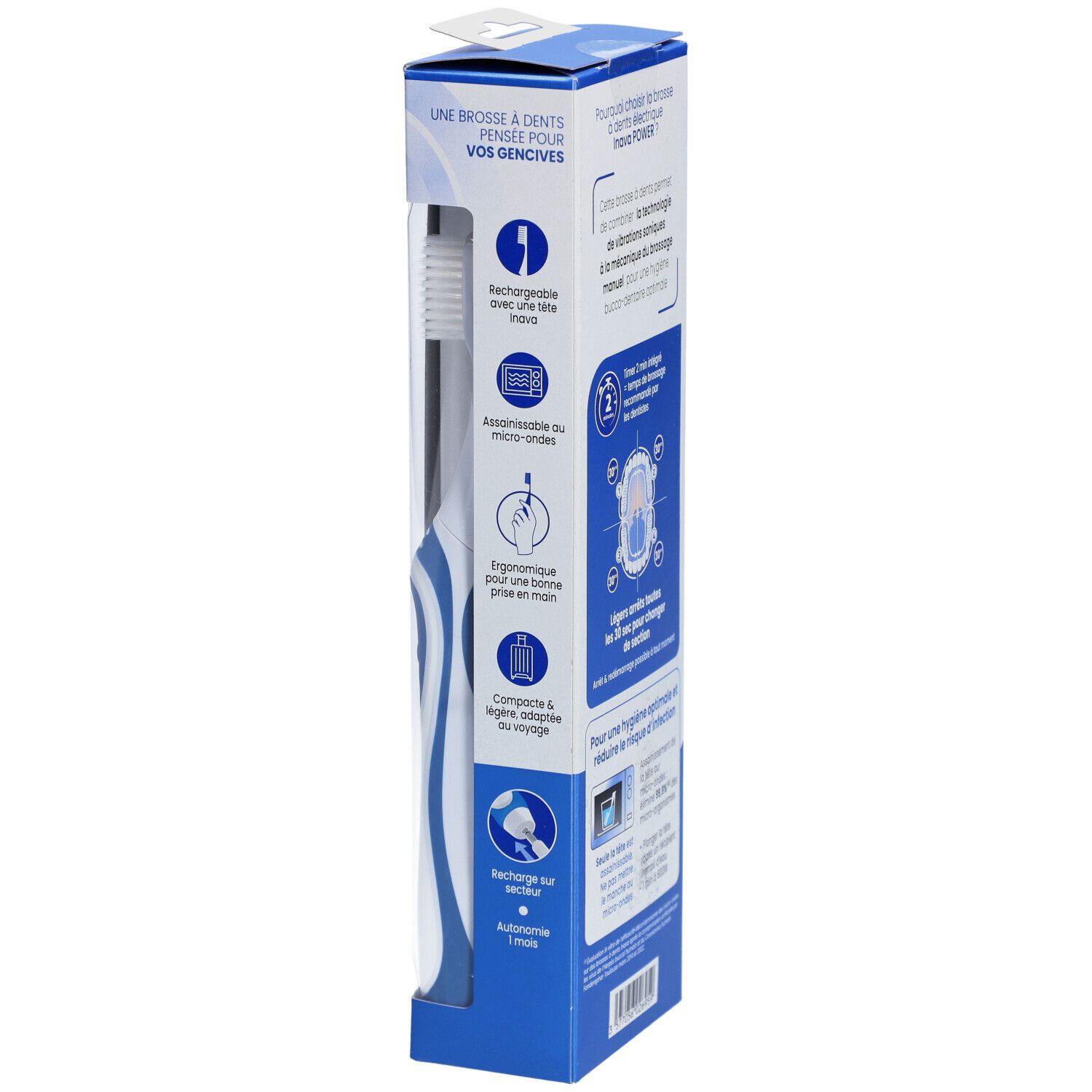 Seite der Verpackung der elektrischen Zahnbürste Inava Power. Informationen zur Aufladung und Ergonomie.