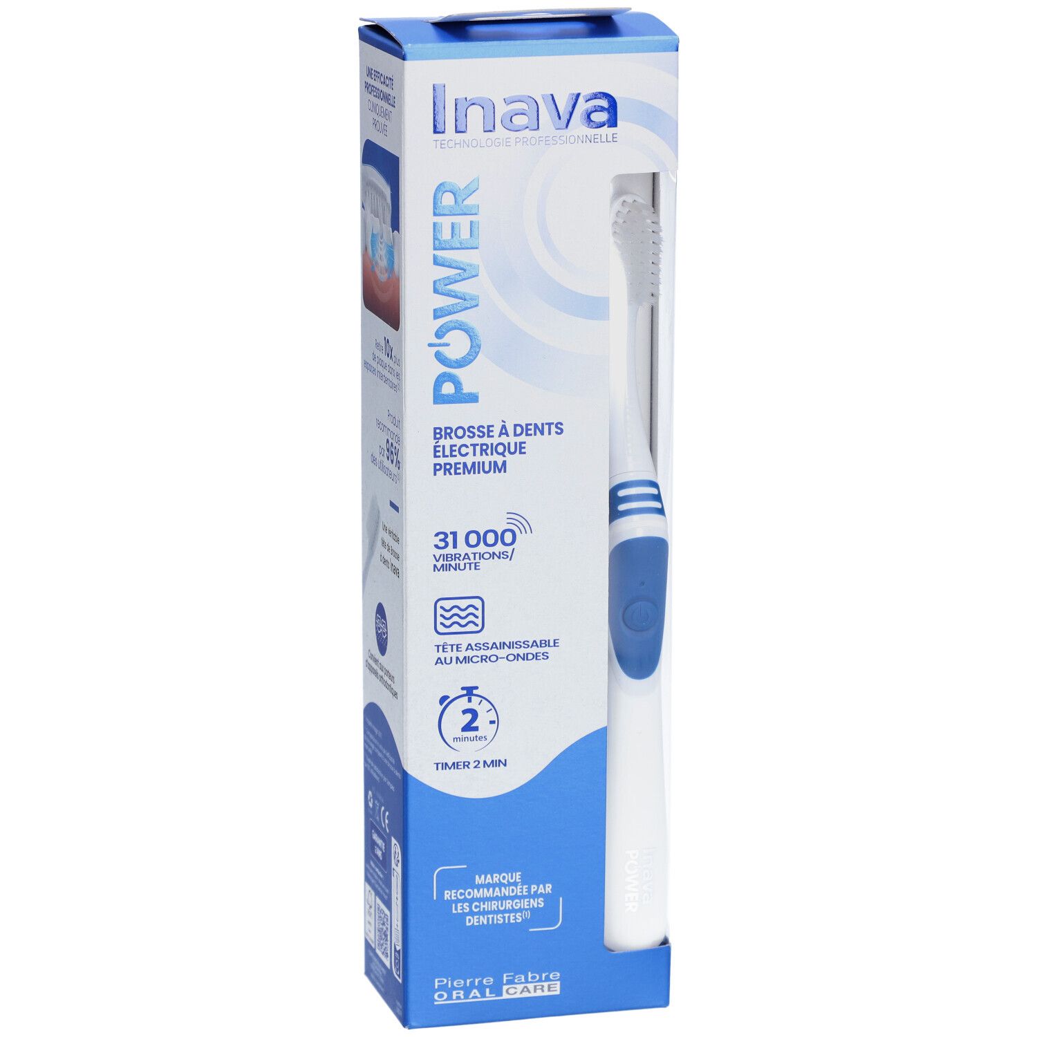 Elektrische Zahnbürste Inava Power, weiß-blau, in Verpackung. 31.000 Vibrationen/Minute, 2-Minuten-Timer.