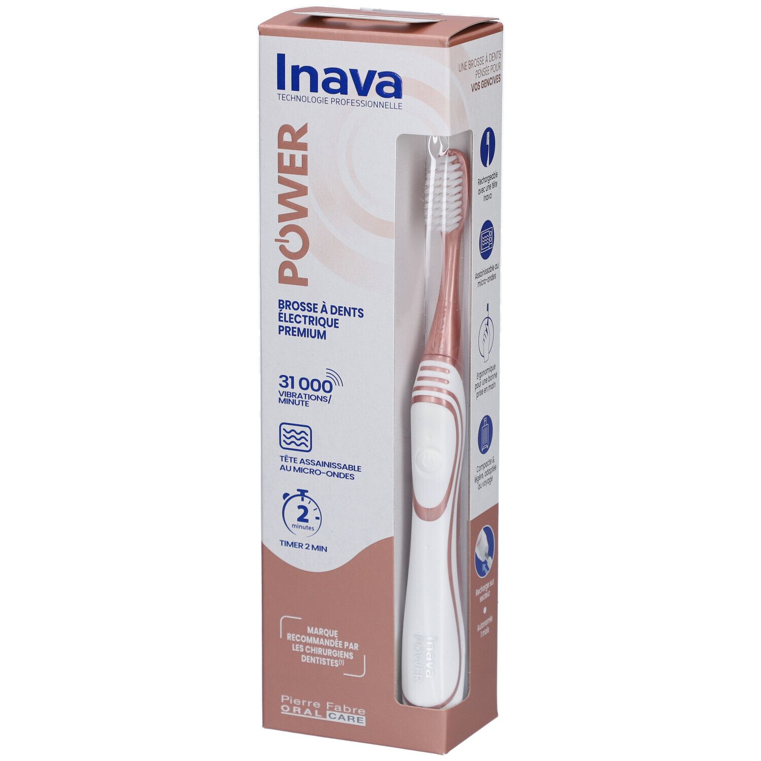 Elektrische Zahnbürste Power Rose Gold in Verpackung. Marke Inava, Text: Brosse à dents électrique Premium, 31.000 Vibrationen/Minute.