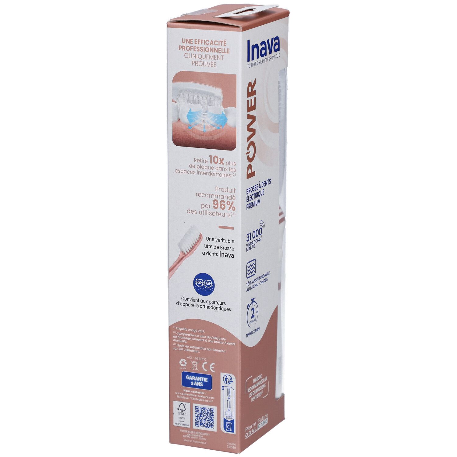 Verpackung der elektrischen Zahnbürste Power Rose Gold. Text: Inava Power, Brosse à dents électrique Premium. Produkt empfohlen von 96% der Nutzer.
