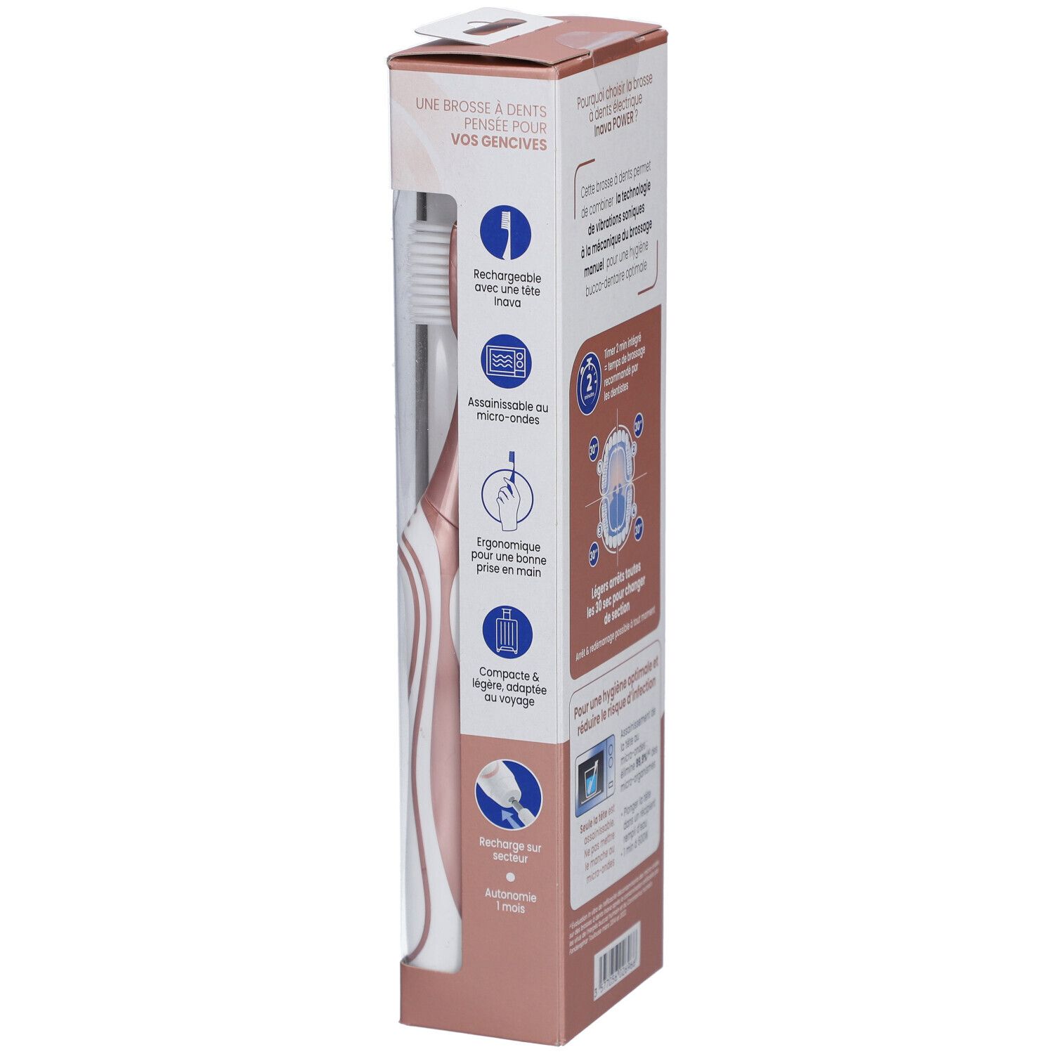 Seite der Verpackung der elektrischen Zahnbürste Power Rose Gold. Text: Inava Power, Brosse à dents électrique Premium. Merkmale und Zubehör.