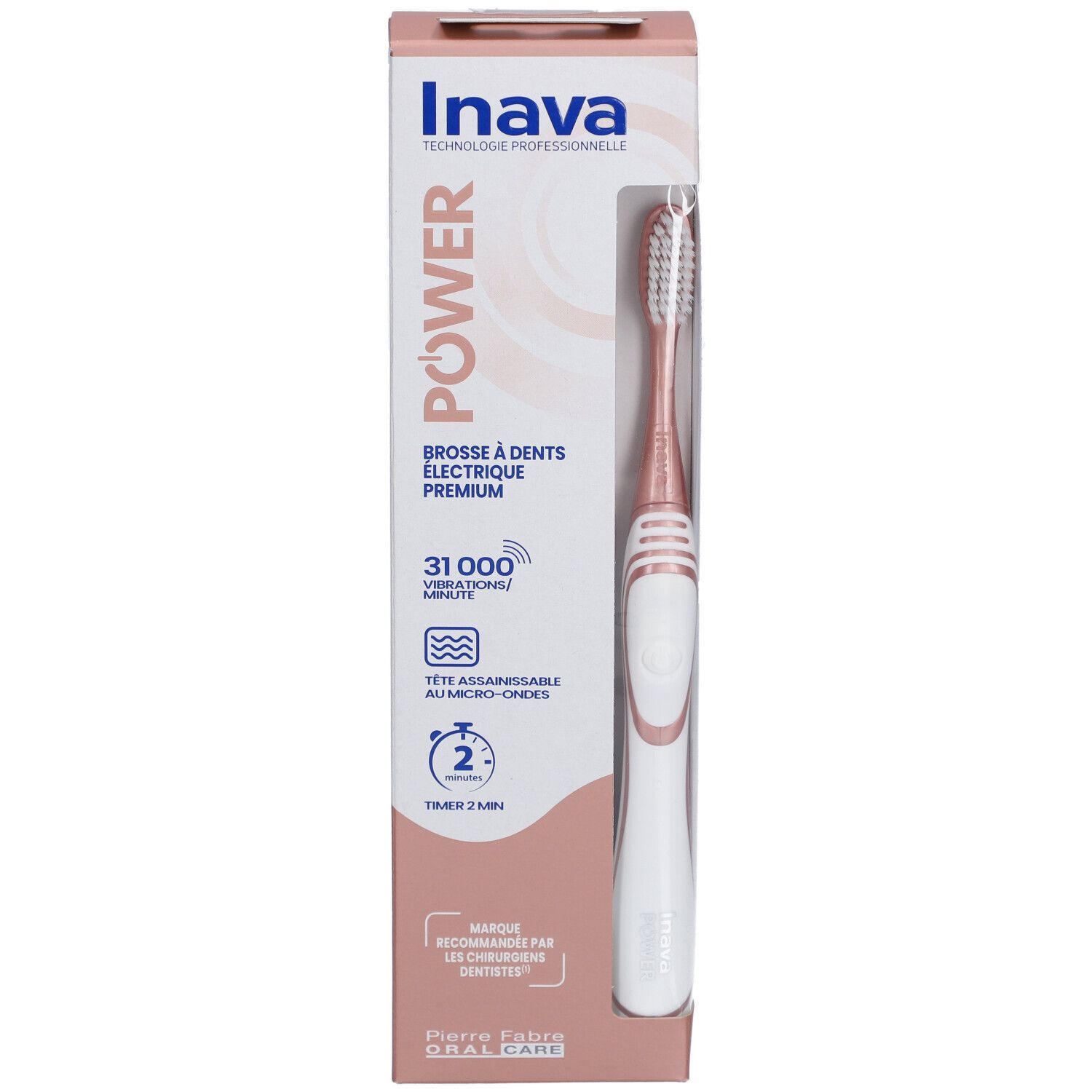 Elektrische Zahnbürste Power Rose Gold in Verpackung. Marke Inava, Text: Brosse à dents électrique Premium, 31.000 Vibrationen/Minute. Timer 2 Min.
