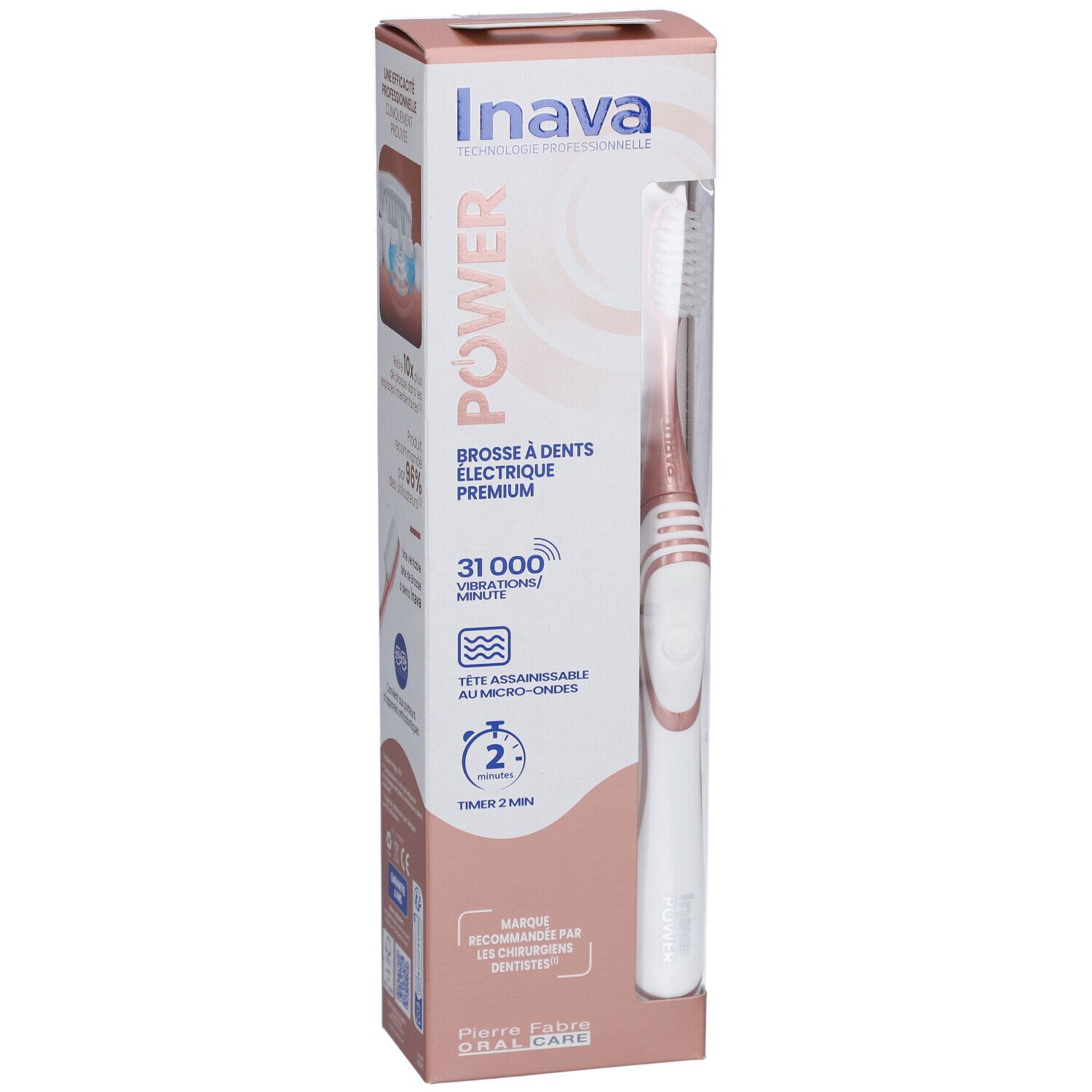 Elektrische Zahnbürste Power Rose Gold in Verpackung. Marke Inava, Text: Brosse à dents électrique Premium, 31.000 Vibrationen/Minute. Timer 2 Min.