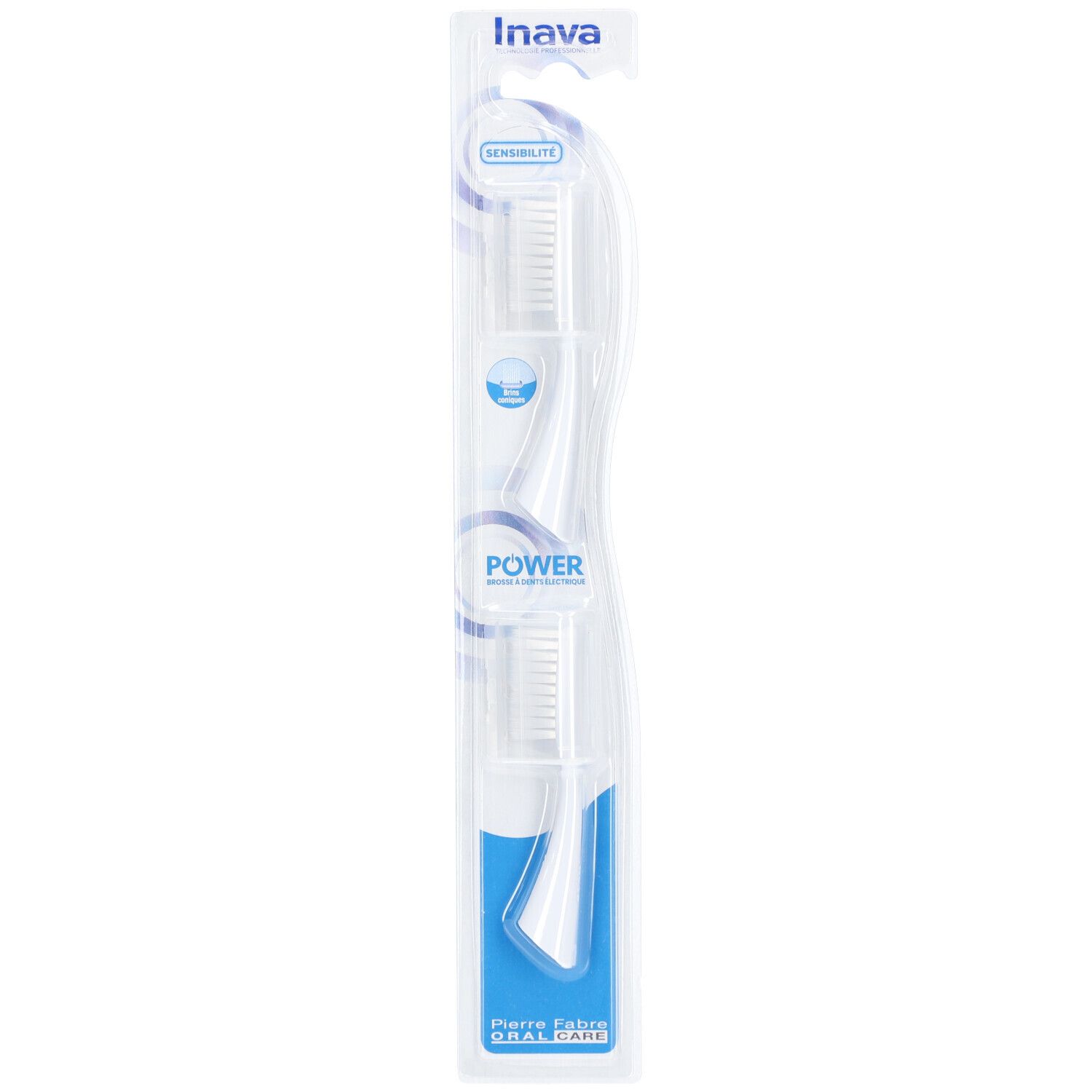 Brosse à dents Inava Power Sensibilité, emballage blister. Manche blanc, deux têtes.