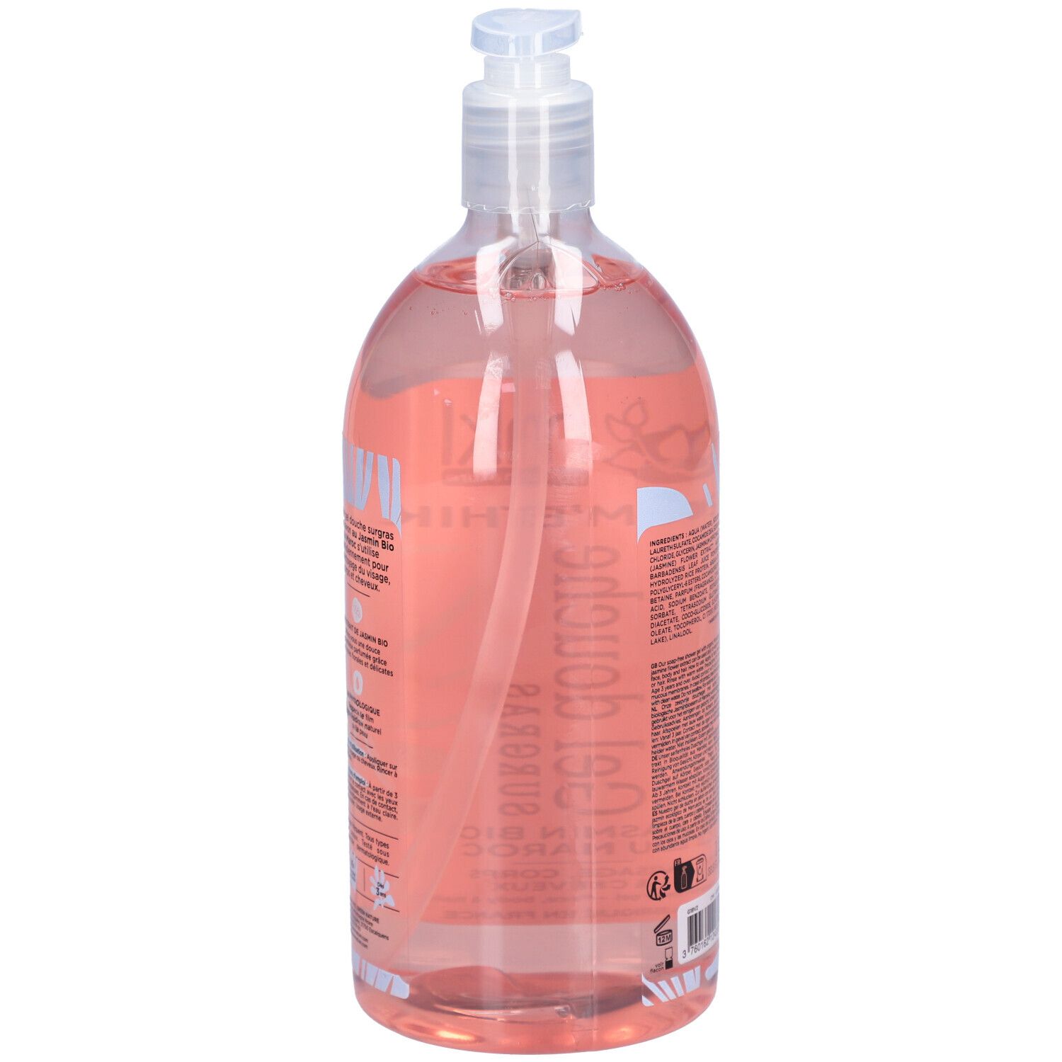 Transparente Flasche mit rosa Flüssigkeit und Pumpverschluss. Rückansicht mit Produktinformationen. Etikett mit Text.