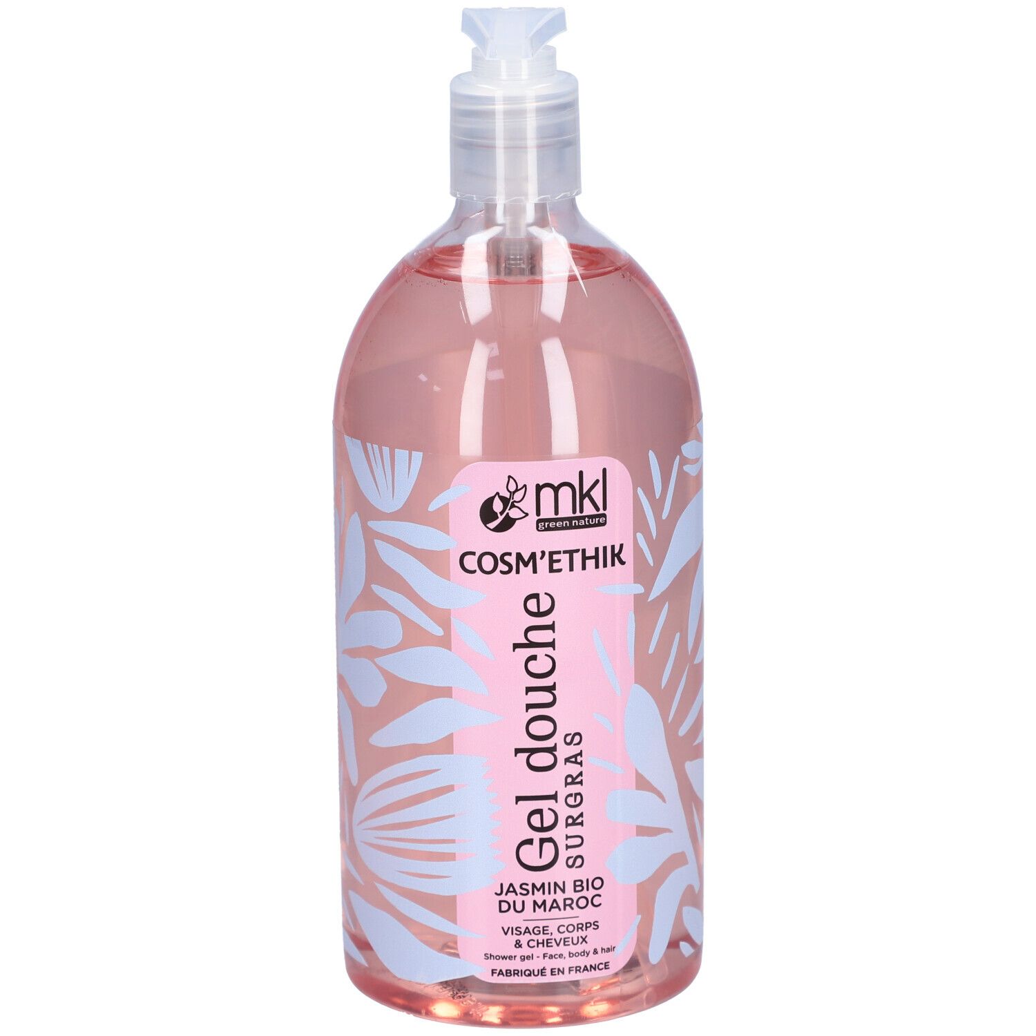 Transparente Flasche mit rosa Flüssigkeit und Pumpverschluss. Aufkleber mit Produktinformationen: MKL Cosm'éthik, Gel Douche Surgras.