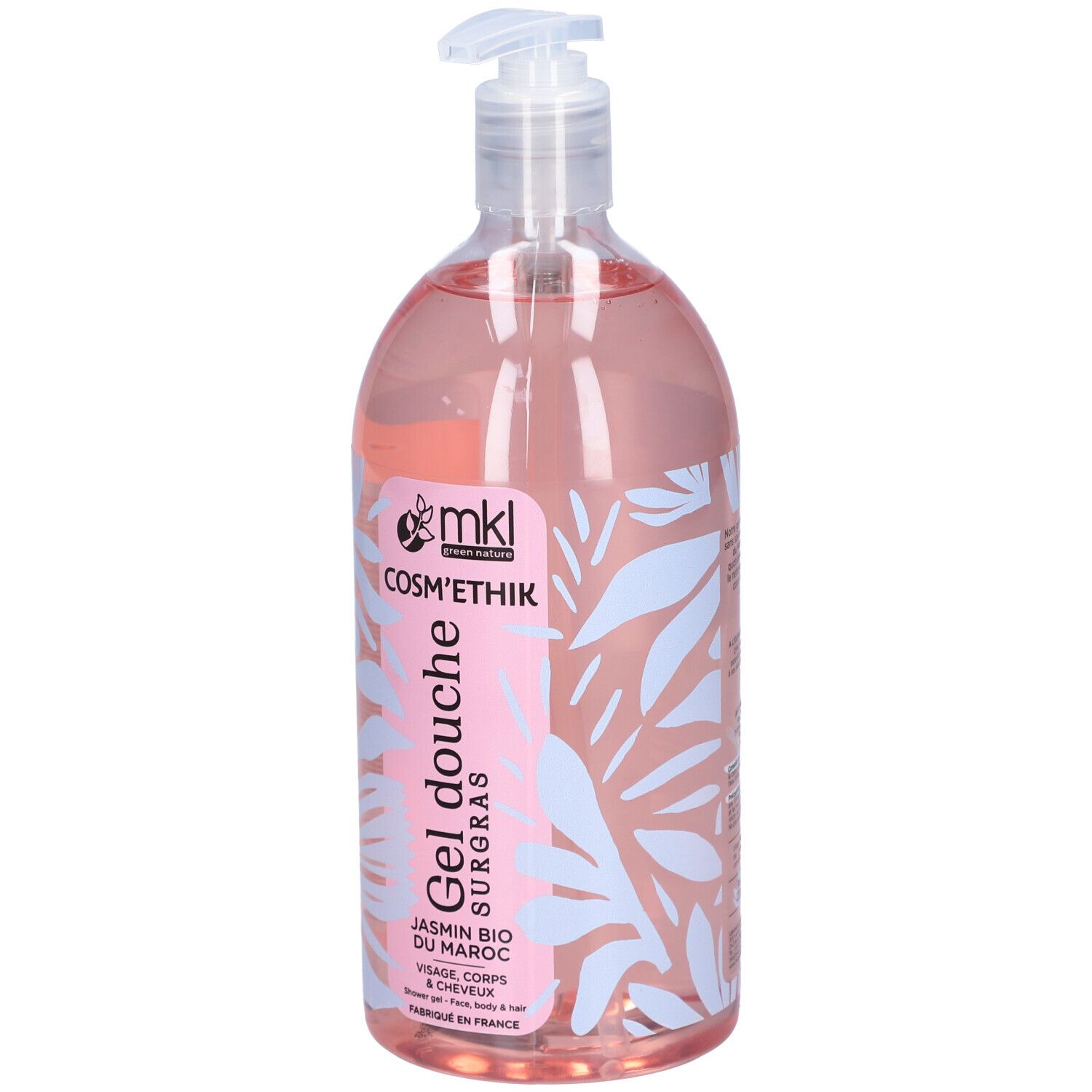 Transparente Flasche mit rosa Flüssigkeit und Pumpverschluss. Aufkleber mit Produktinformationen: MKL Cosm'éthik, Gel Douche Surgras, Jasmin Bio du Maroc.