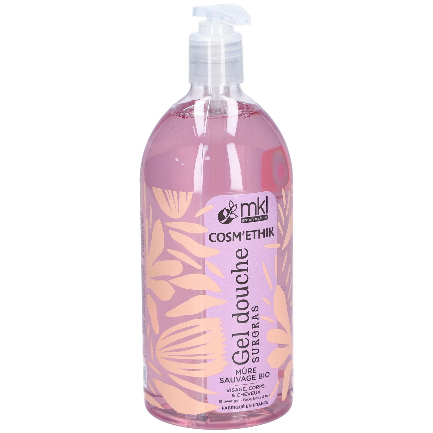 Transparente Flasche mit rosa Flüssigkeit. Aufschrift: MKL Cosm'éthik, Gel douche surgras, Mûre sauvage bio. Mit Dosierpumpe.