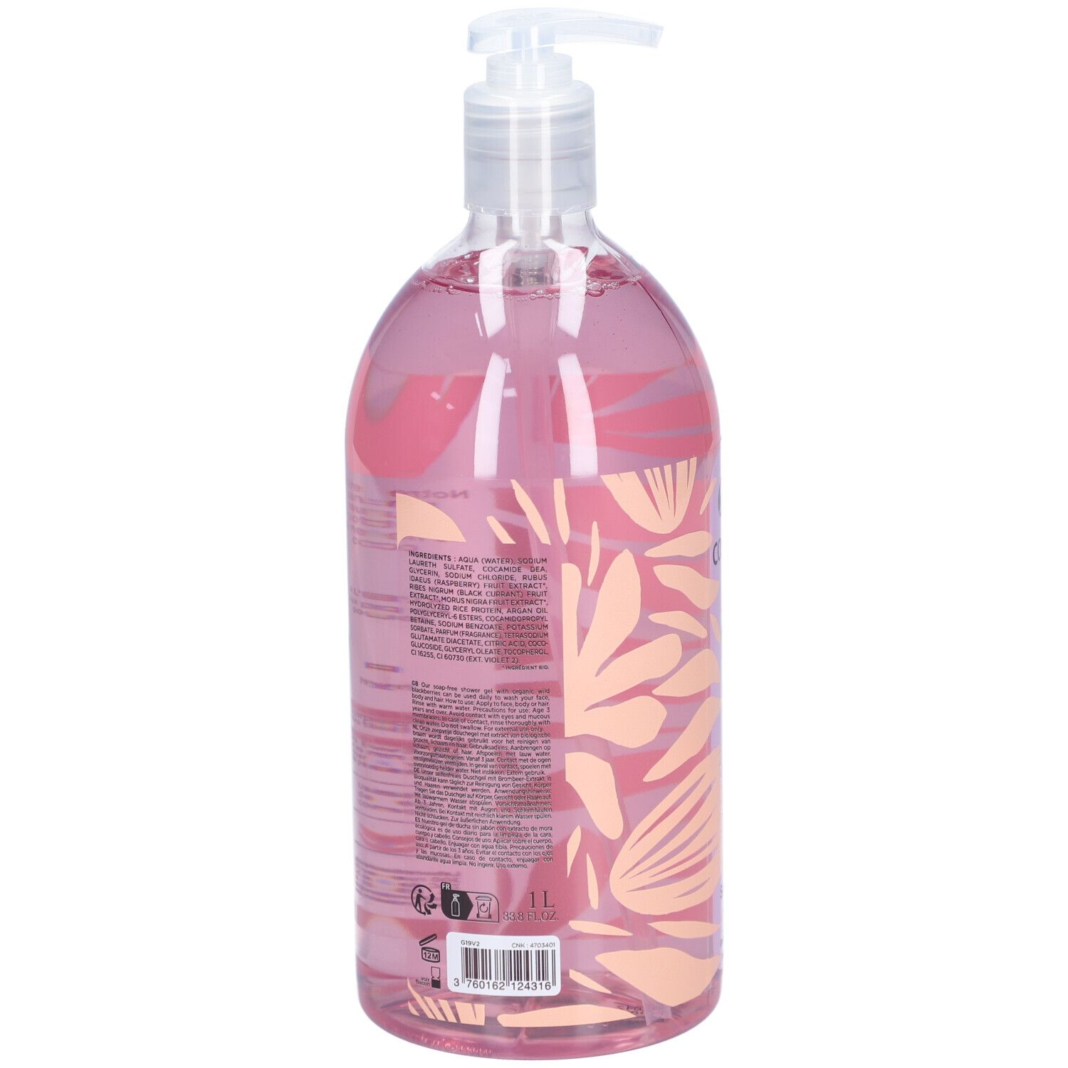 Rückseite der Flasche mit rosa Flüssigkeit. Text in mehreren Sprachen. Aufschrift: 1L. Mit floralem Muster und Dosierpumpe.