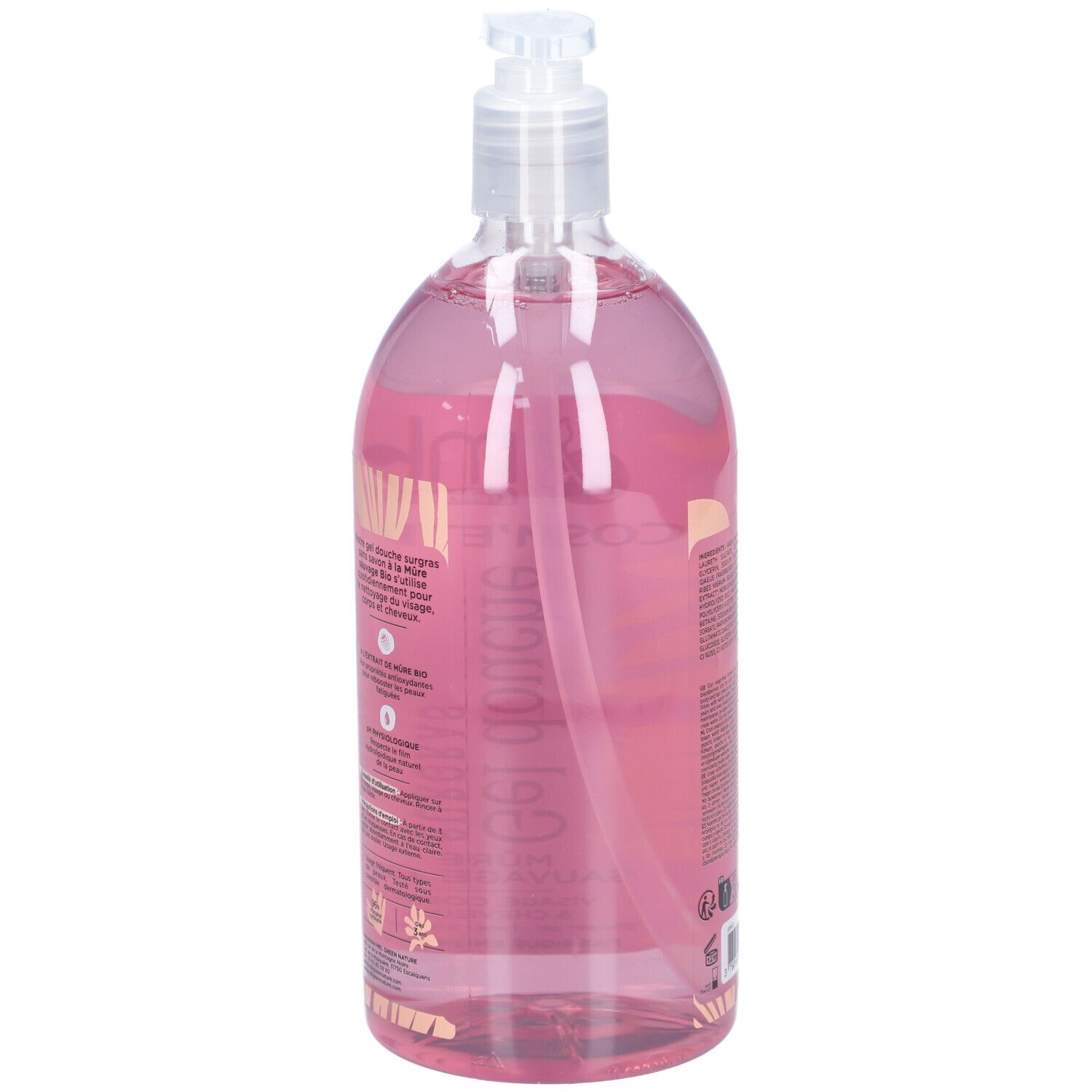 Rückseite der Flasche mit rosa Flüssigkeit. Text in mehreren Sprachen. Mit floralem Muster und Dosierpumpe.