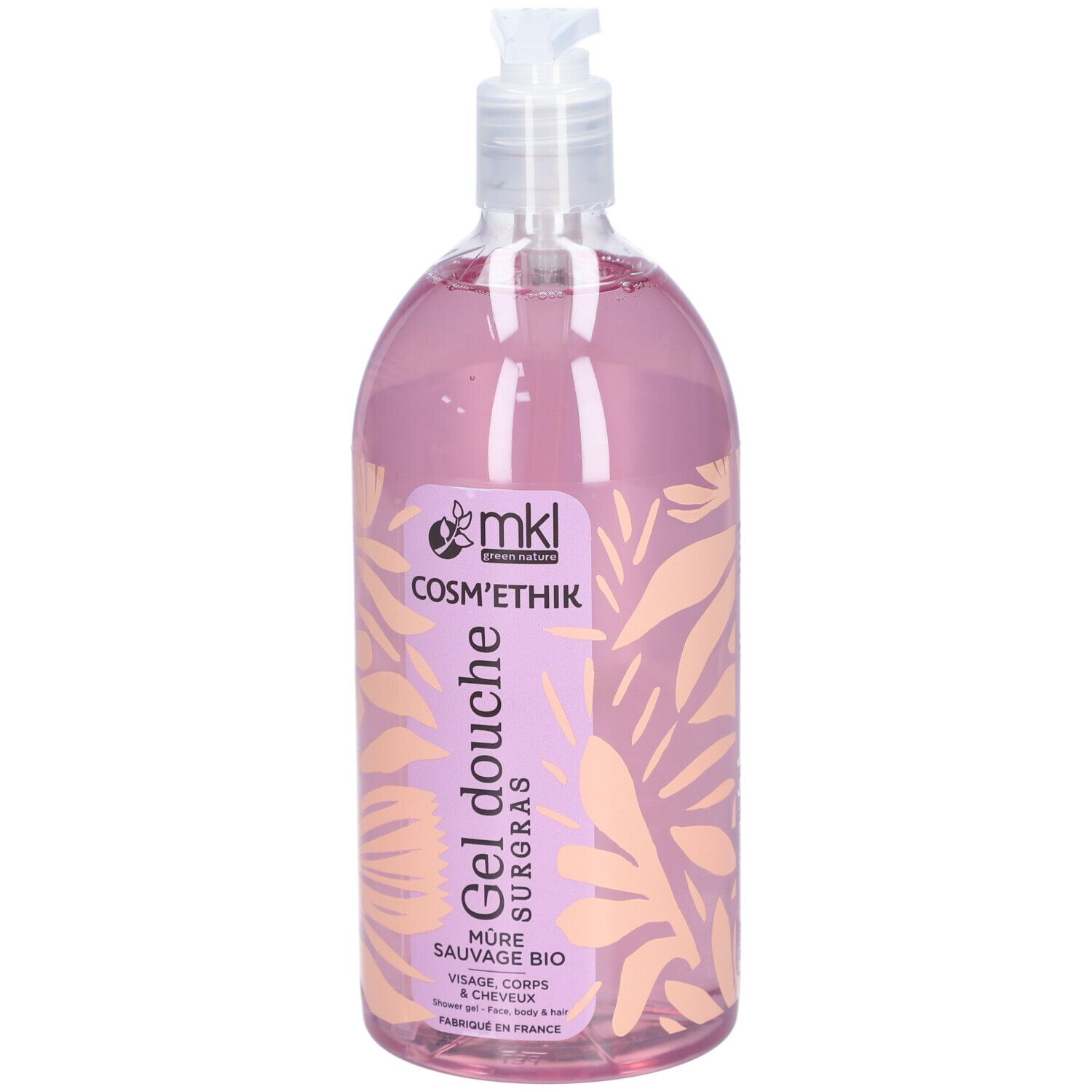 Transparente Flasche mit rosa Flüssigkeit. Aufschrift: MKL Cosm'éthik, Gel douche surgras, Mûre sauvage bio. Mit Dosierpumpe.