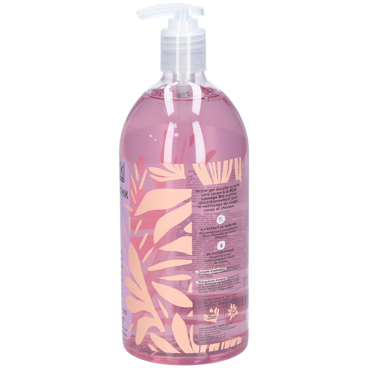 Rückseite der Flasche mit rosa Flüssigkeit. Text in mehreren Sprachen. Mit floralem Muster und Dosierpumpe.