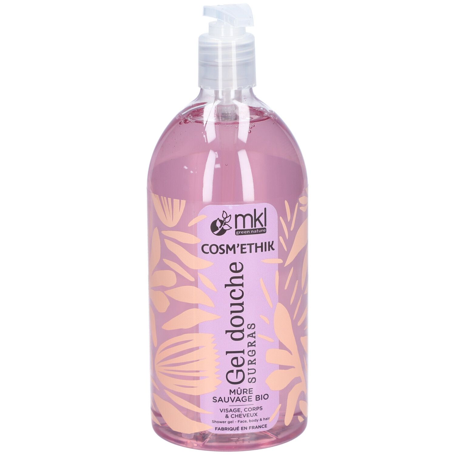 Transparente Flasche mit rosa Flüssigkeit. Aufschrift: MKL Cosm'éthik, Gel douche surgras, Mûre sauvage bio. Mit Dosierpumpe.