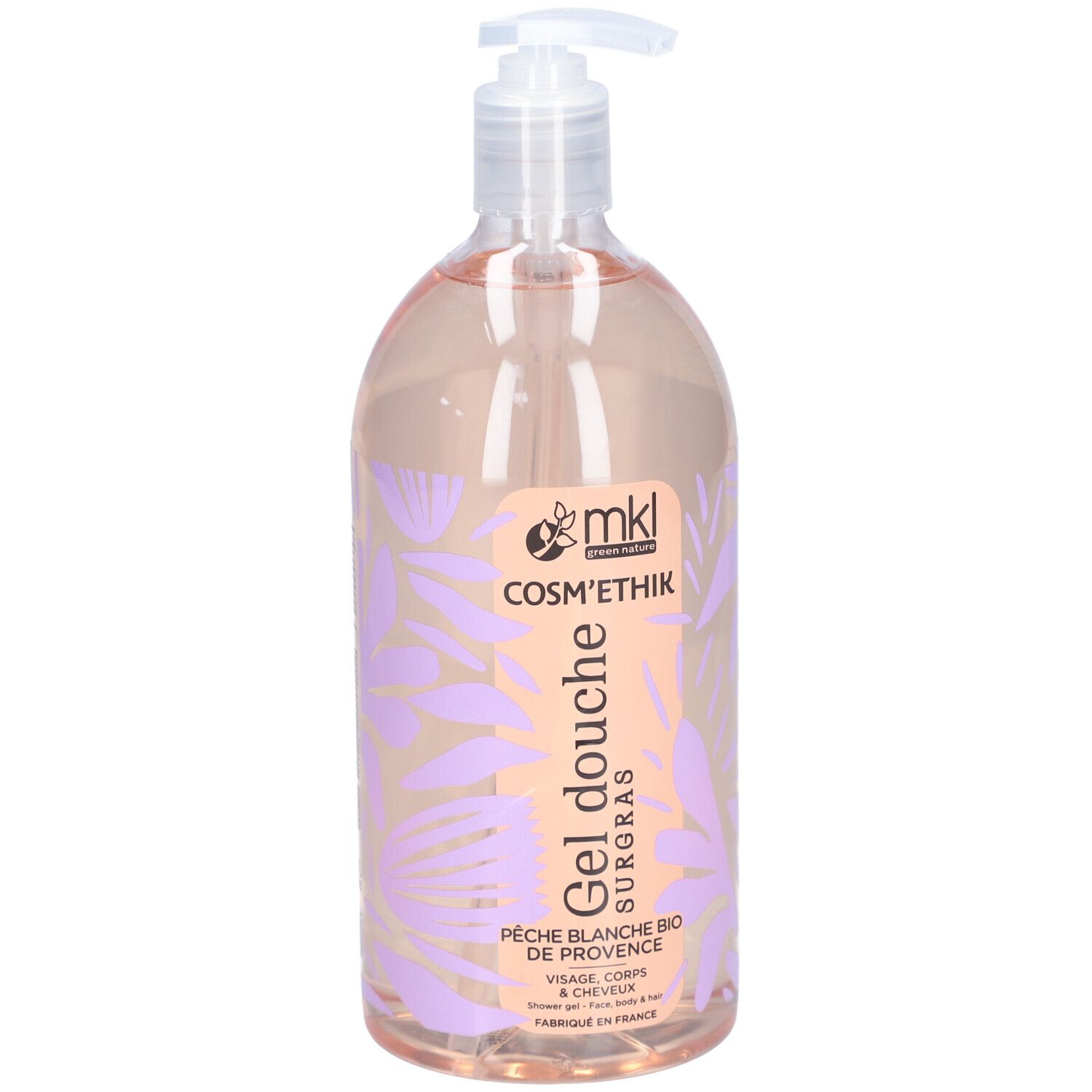 Transparente Flasche mit rosa Flüssigkeit und Pumpverschluss. Aufdruck: Gel douche, Pfirsich Bio.