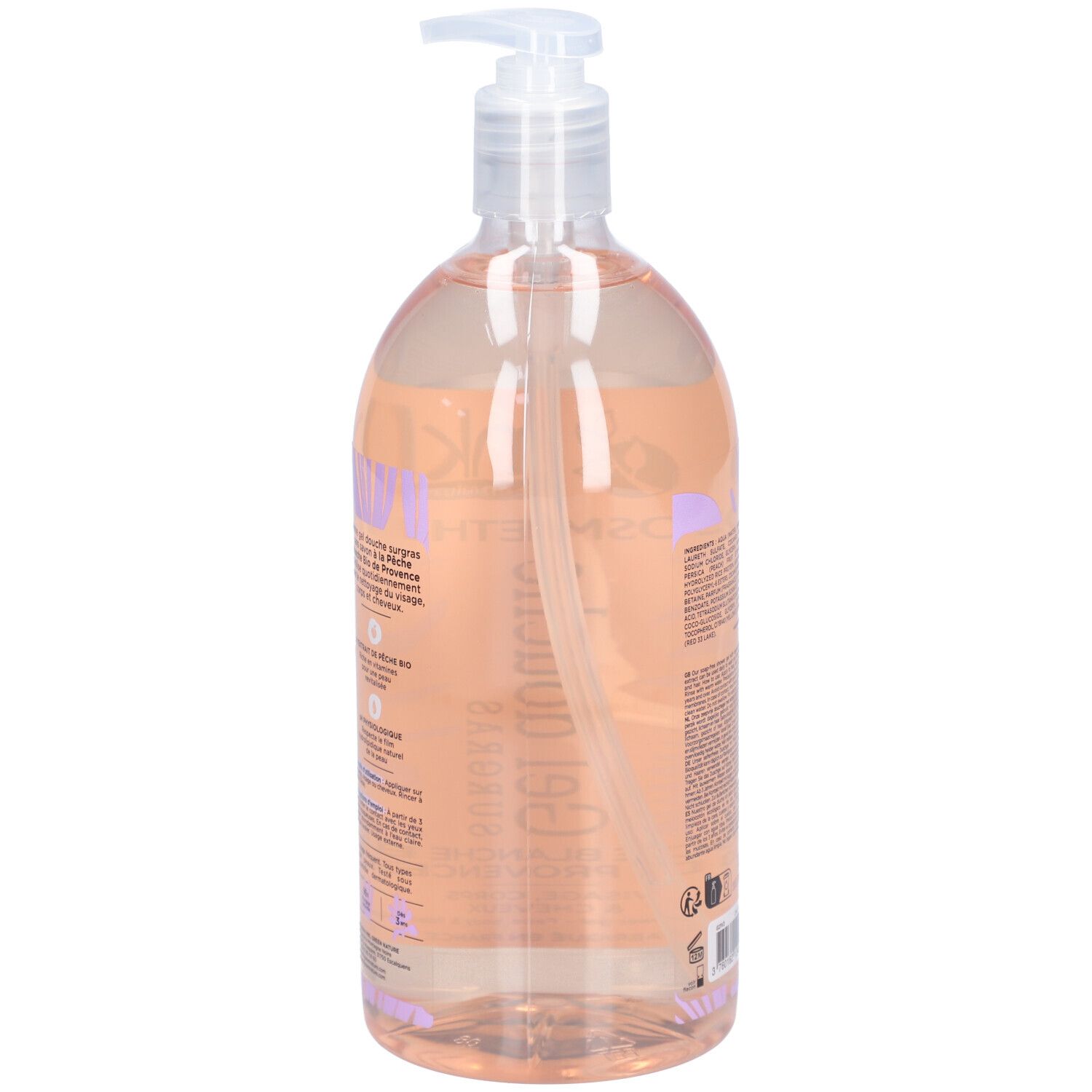 Rückseite der Flasche mit Text. Enthält Inhaltsstoffe und Herstellerinformationen. 1L-Markierung.