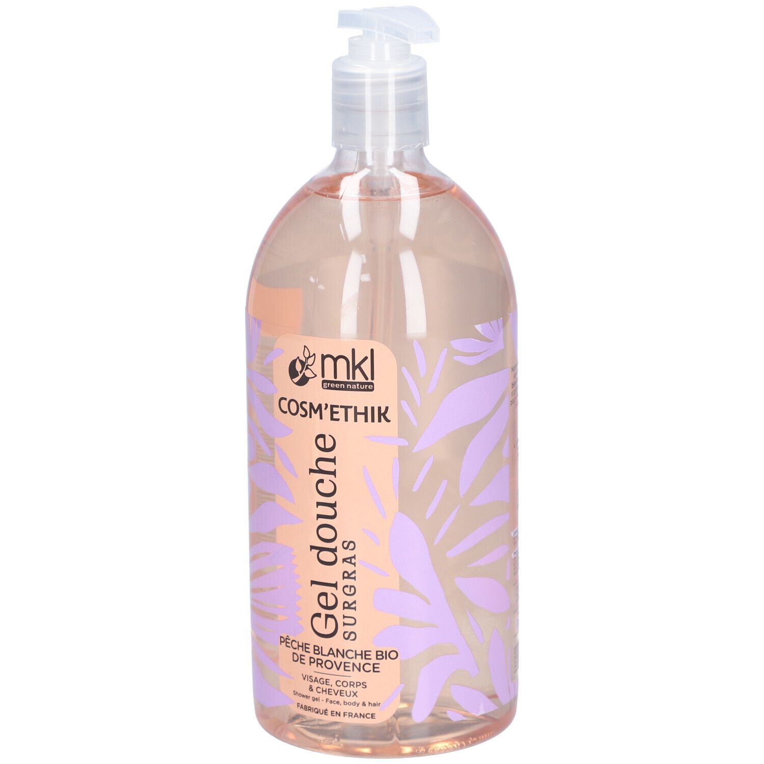 Transparente Flasche mit rosa Flüssigkeit und Pumpverschluss. Aufdruck: Gel douche, Pfirsich Bio.