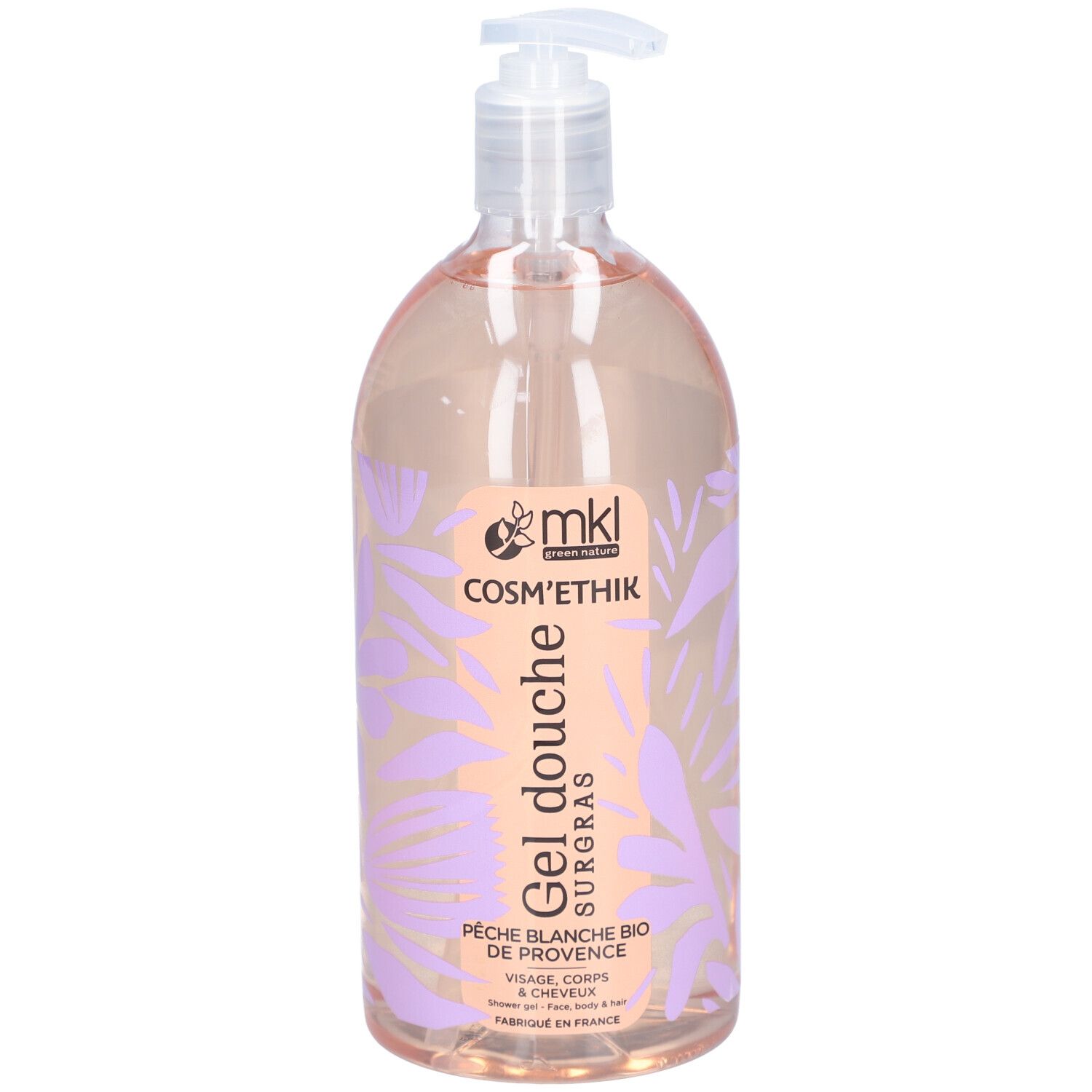 Transparente Flasche mit rosa Flüssigkeit und Pumpverschluss. Aufdruck: Gel douche, Pfirsich Bio.