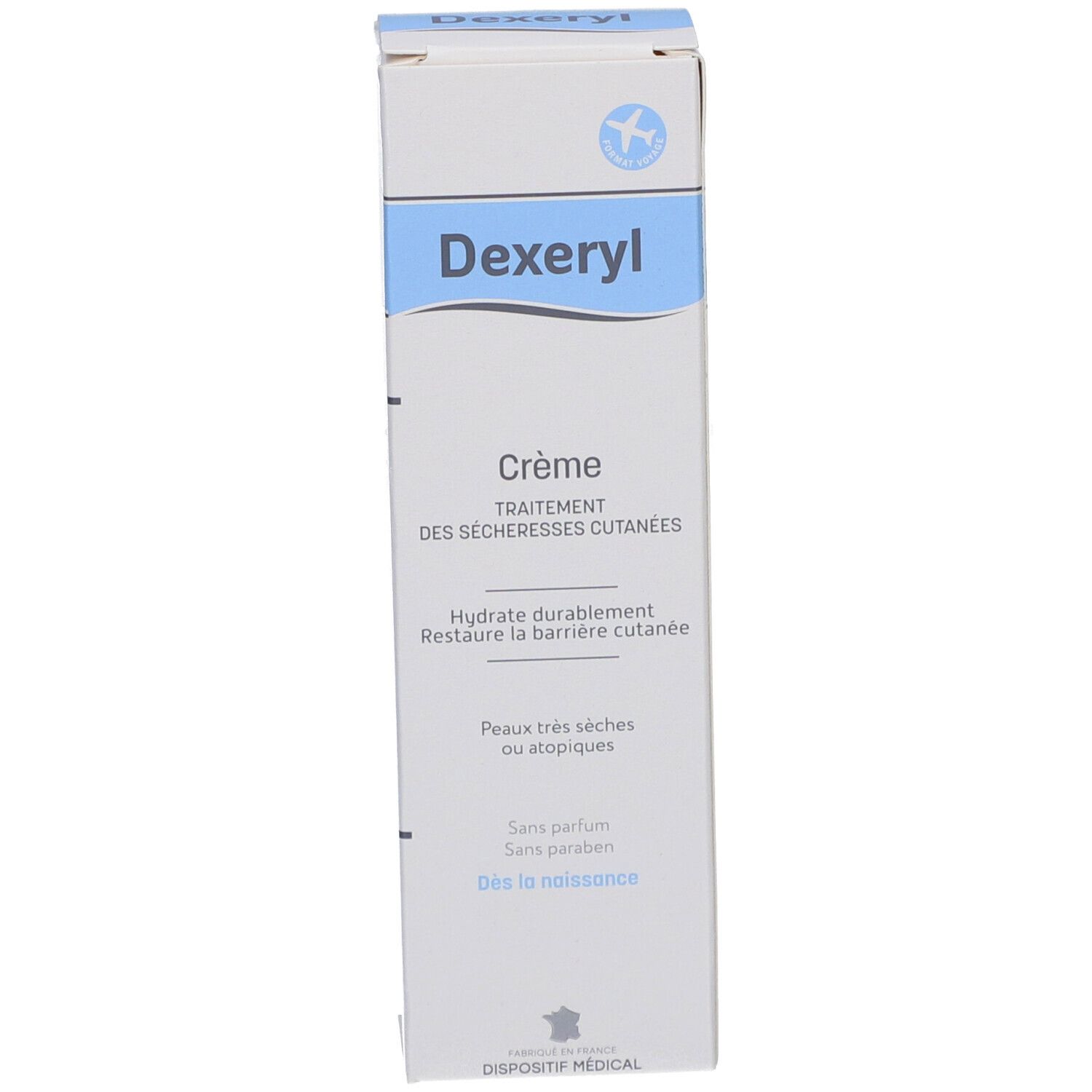 Boîte en carton. Texte : Dexeryl Crème, traitement des sécheresses cutanées. Sans parfum, sans paraben. Pour peaux très sèches.