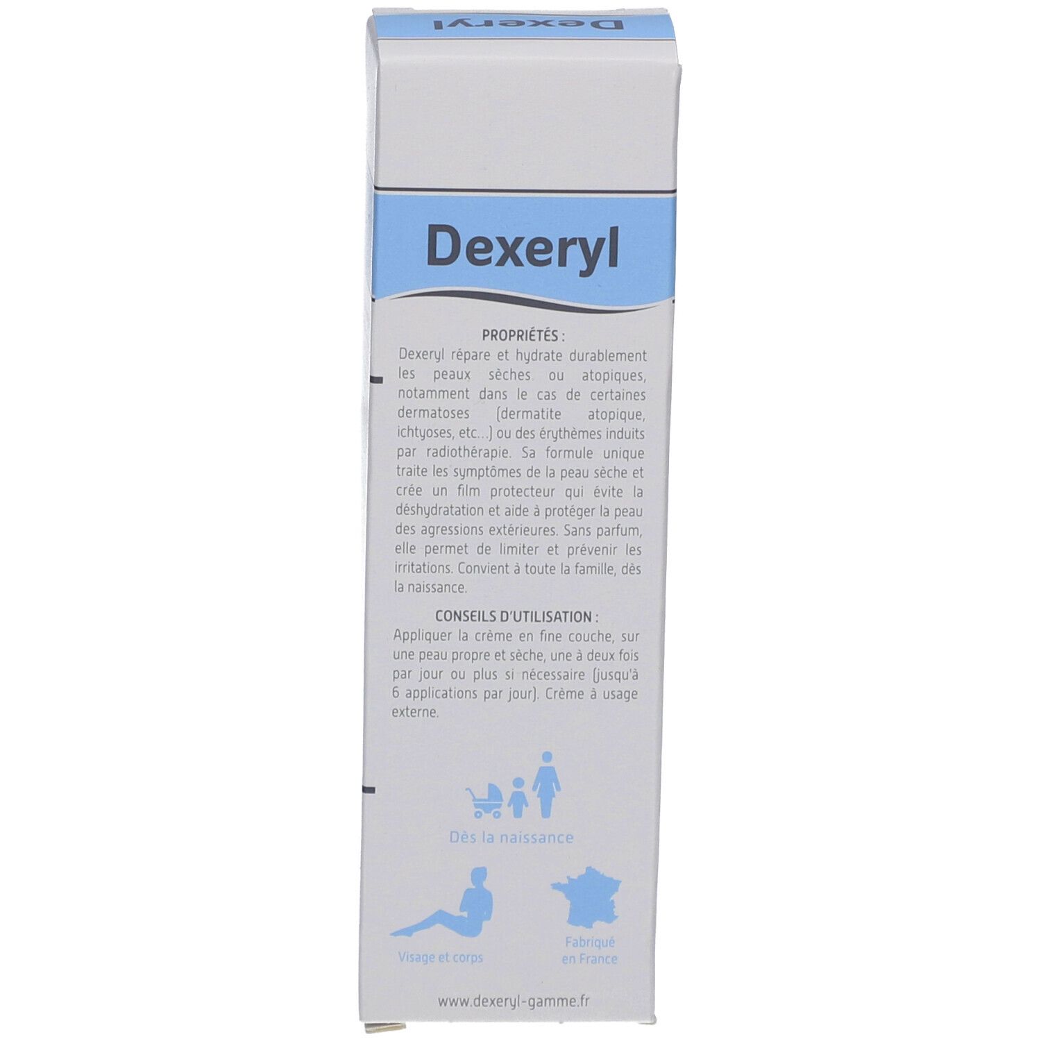 Côté de l'emballage carton. Texte : Propriétés, conseils d'utilisation, adapté aux bébés, fabriqué en France.