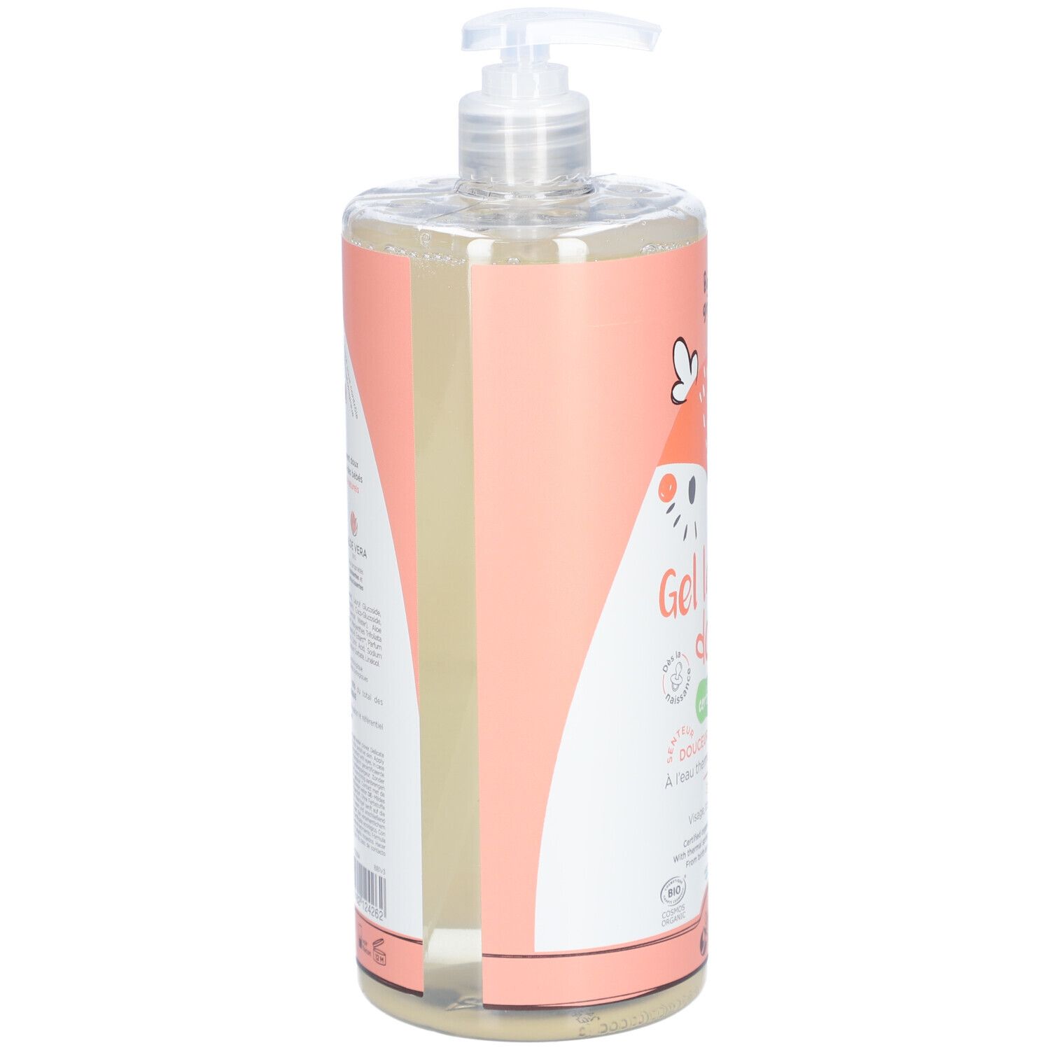 Transparante fles met roze etiket. Opschriften en tekst. Met dispenser.