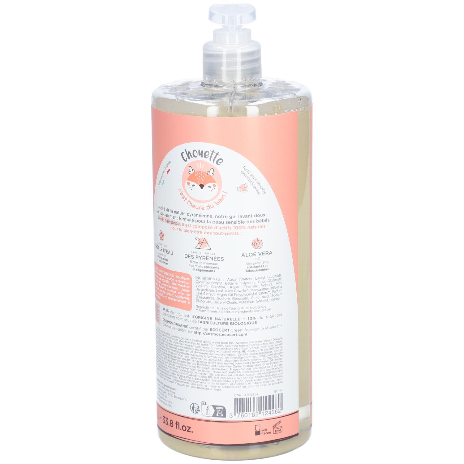 Transparante fles met roze etiket. Tekst en ingrediënten. Met dispenser.