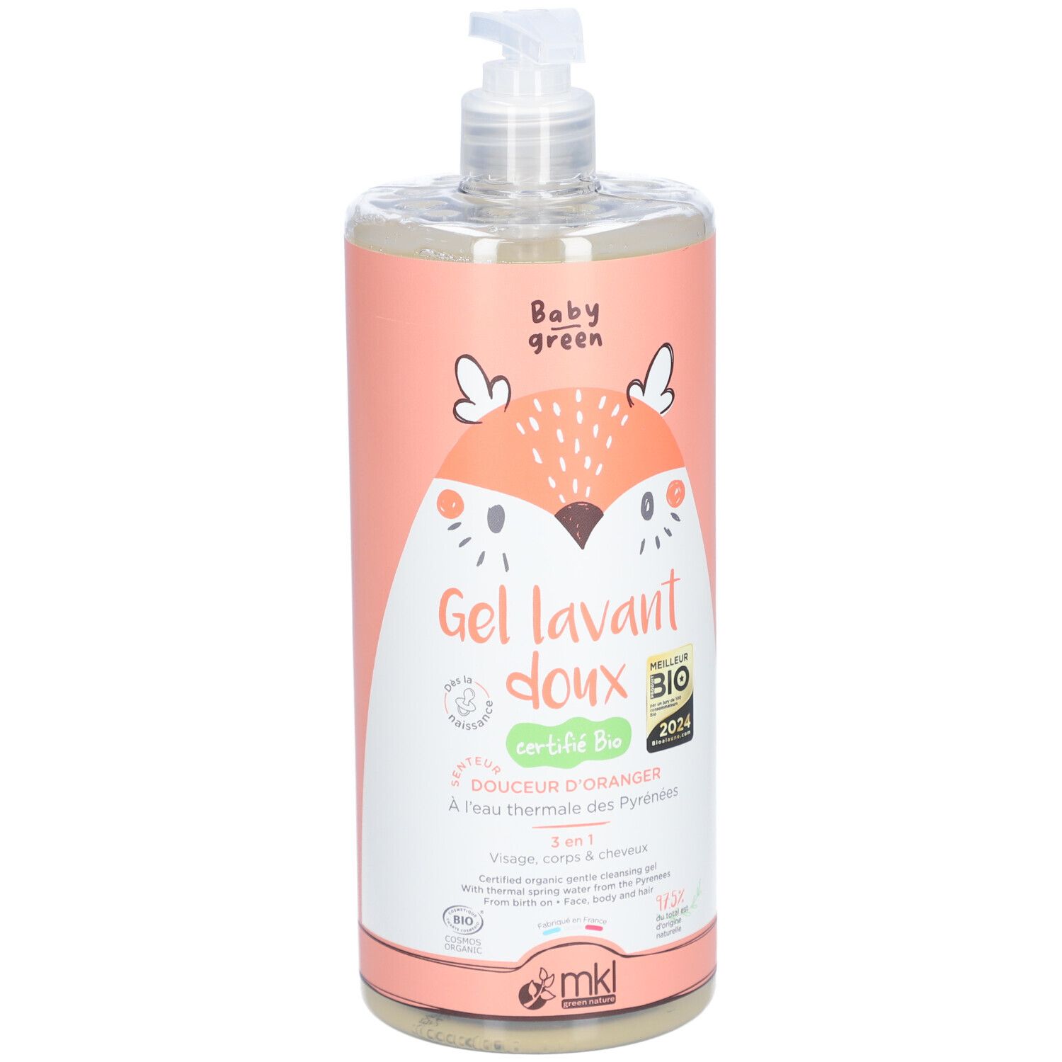 Transparante fles met roze etiket. Opschrift: Baby green, Gel lavant doux, gecertificeerd Bio. Met dispenser.