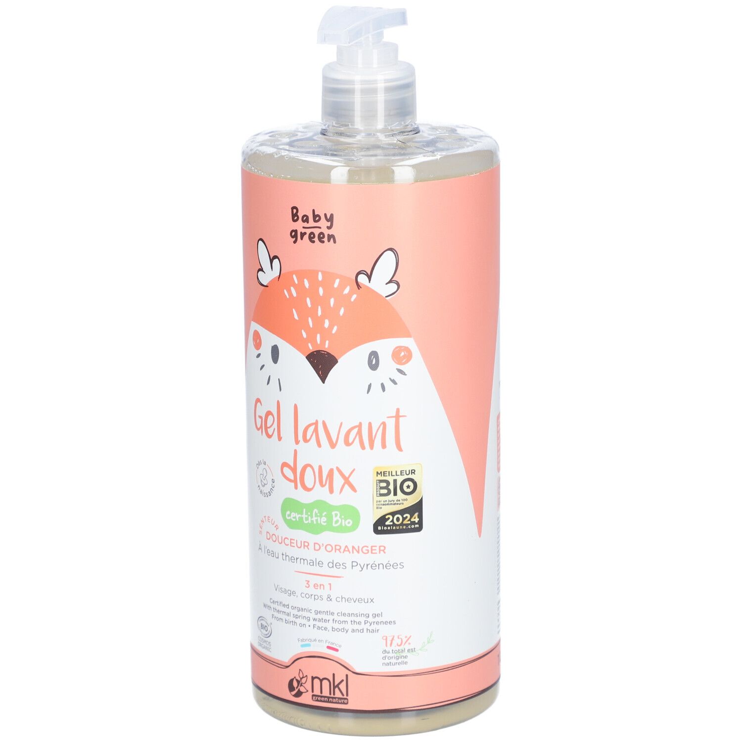 Transparante fles met roze etiket. Opschrift: Baby green, Gel lavant doux, gecertificeerd Bio. Met dispenser.