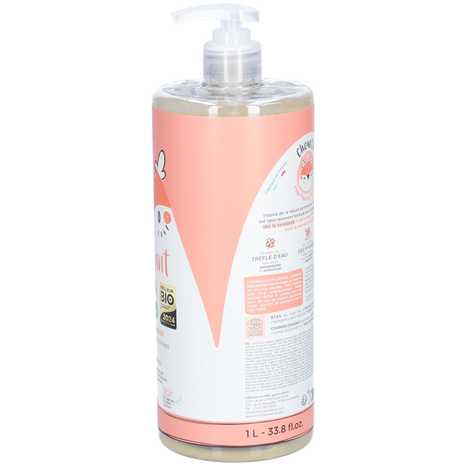 Transparante fles met roze etiket. Tekst en opschriften. Met dispenser.