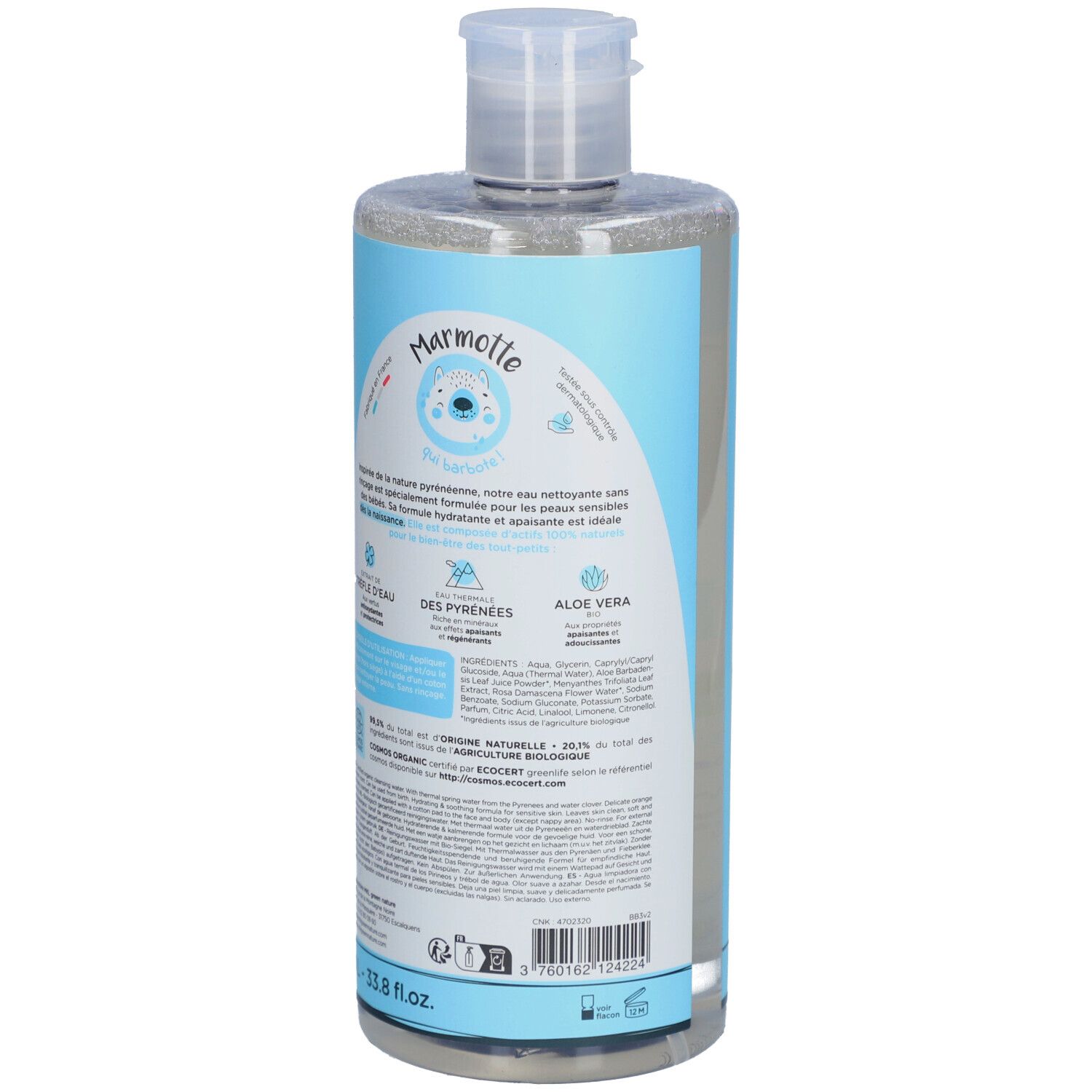 Dos de la bouteille bleue. Texte: "Marmotte". Ingrédients, certification bio. Liquide transparent visible.