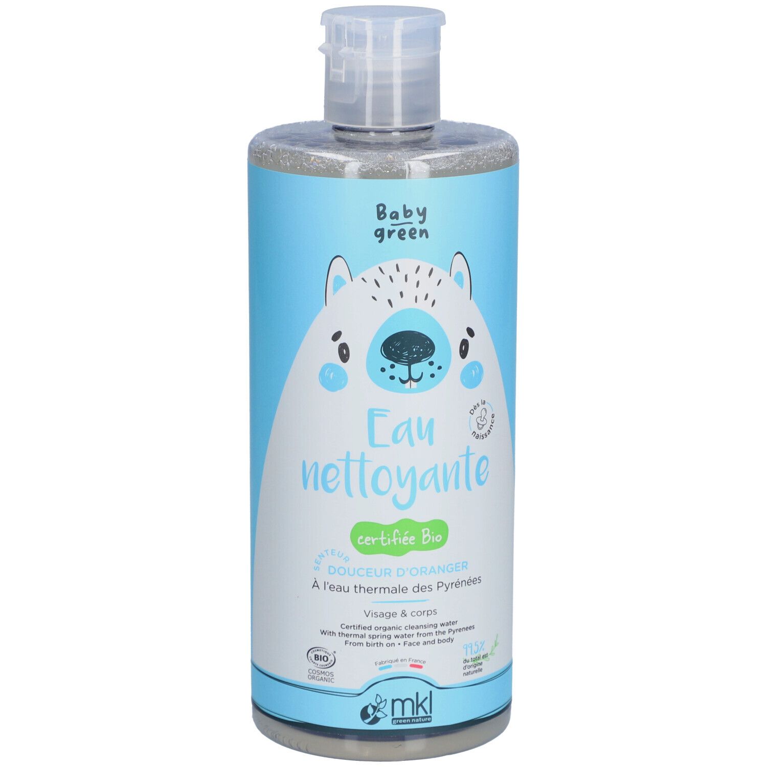 Bouteille bleue "Baby green Eau nettoyante". Certification bio, illustration d'ours. Pour visage & corps.