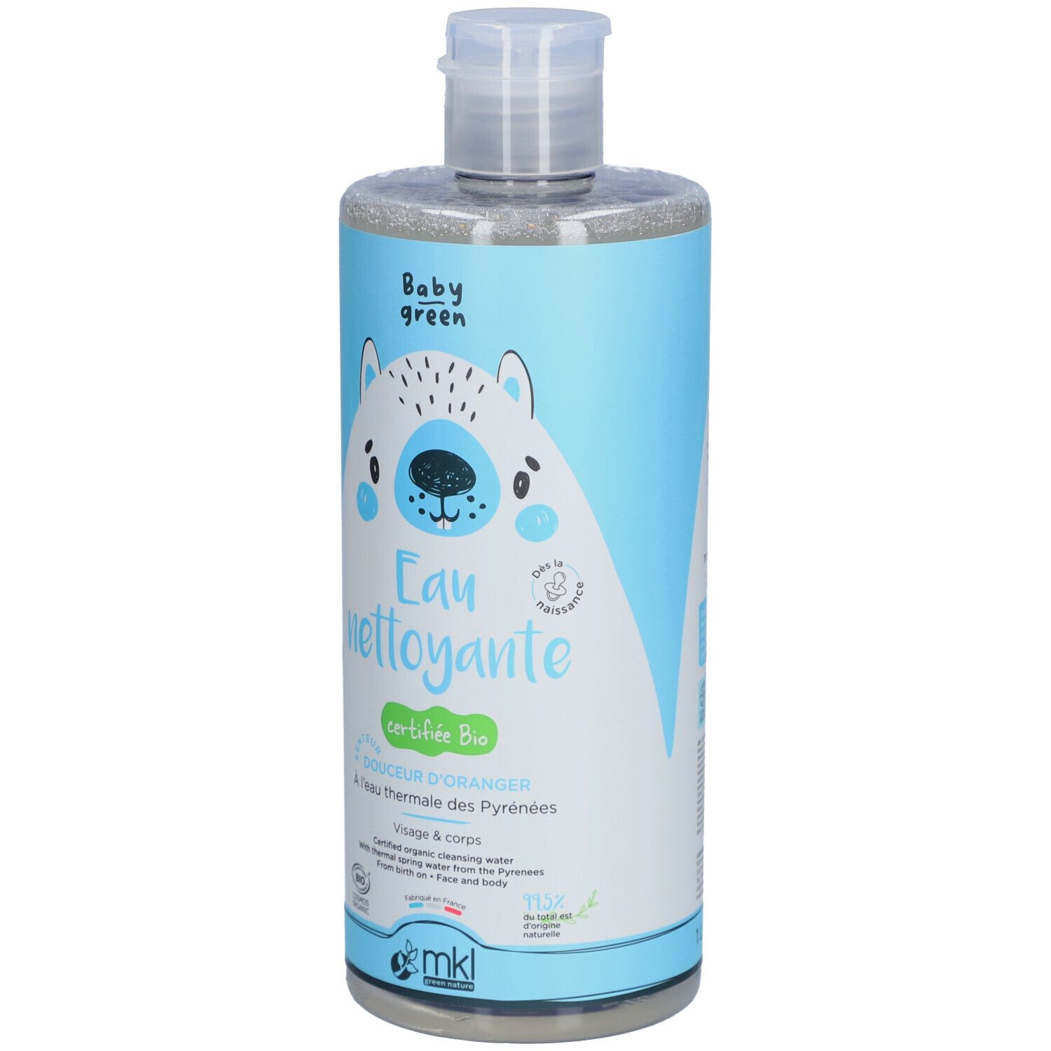 Bouteille bleue "Baby green Eau nettoyante". Certification bio, illustration d'ours. Pour visage & corps.