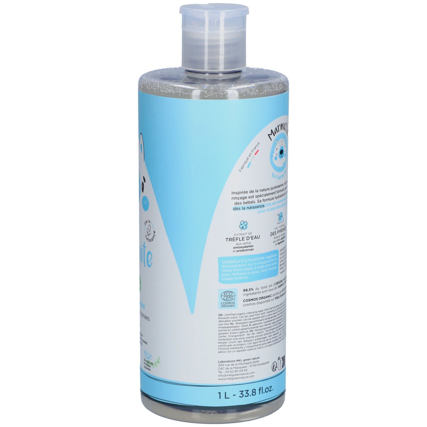 Dos de la bouteille bleue. Texte: "Marmotte". Ingrédients, certification bio. Volume: 1L.