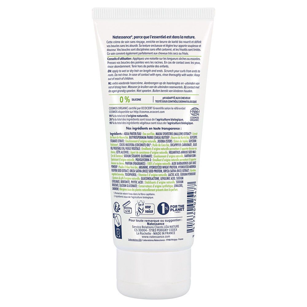 Dos du tube de crème. Texte avec ingrédients et instructions. Certification bio. Fond blanc avec détails verts.
