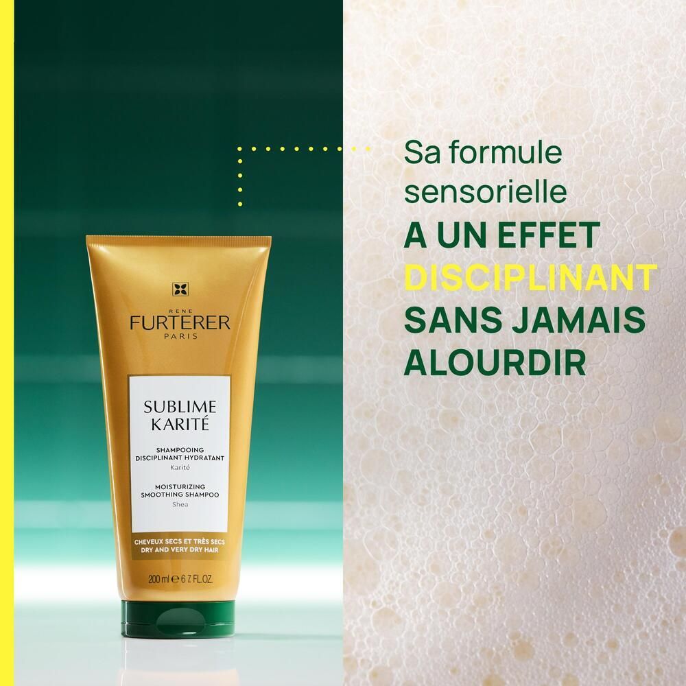 Produkt-Tube auf gelbem Hintergrund. Text: Sa formule sensorielle a un effet disciplinant sans jamais alourdir.