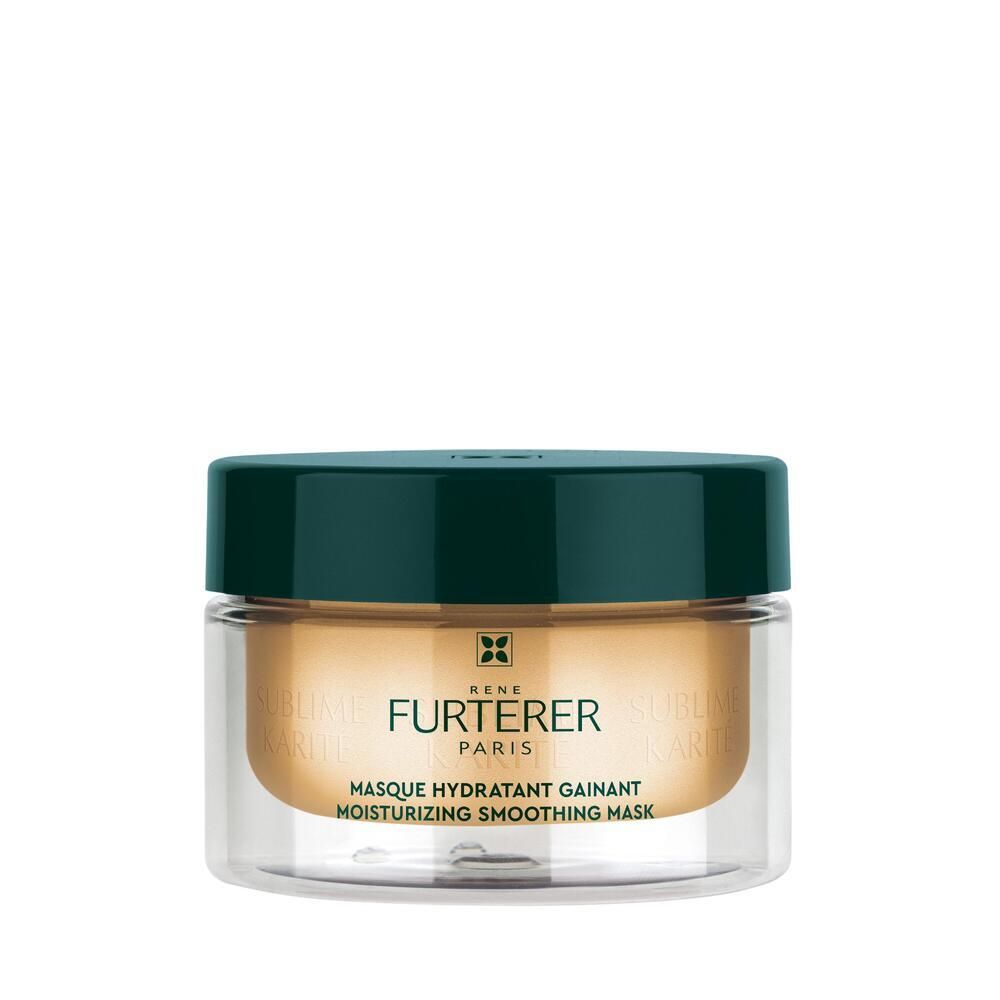 Pot de masque capillaire. Couvercle vert, pot transparent. Inscription: FURTERER PARIS, Masque Hydratant Gainant.