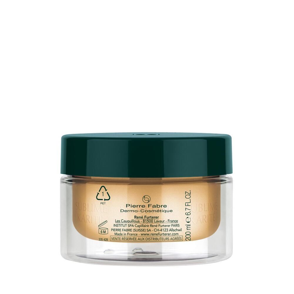 Pot de masque capillaire. Couvercle vert, pot transparent. Inscription: FURTERER PARIS, 200 ml, Pierre Fabre.