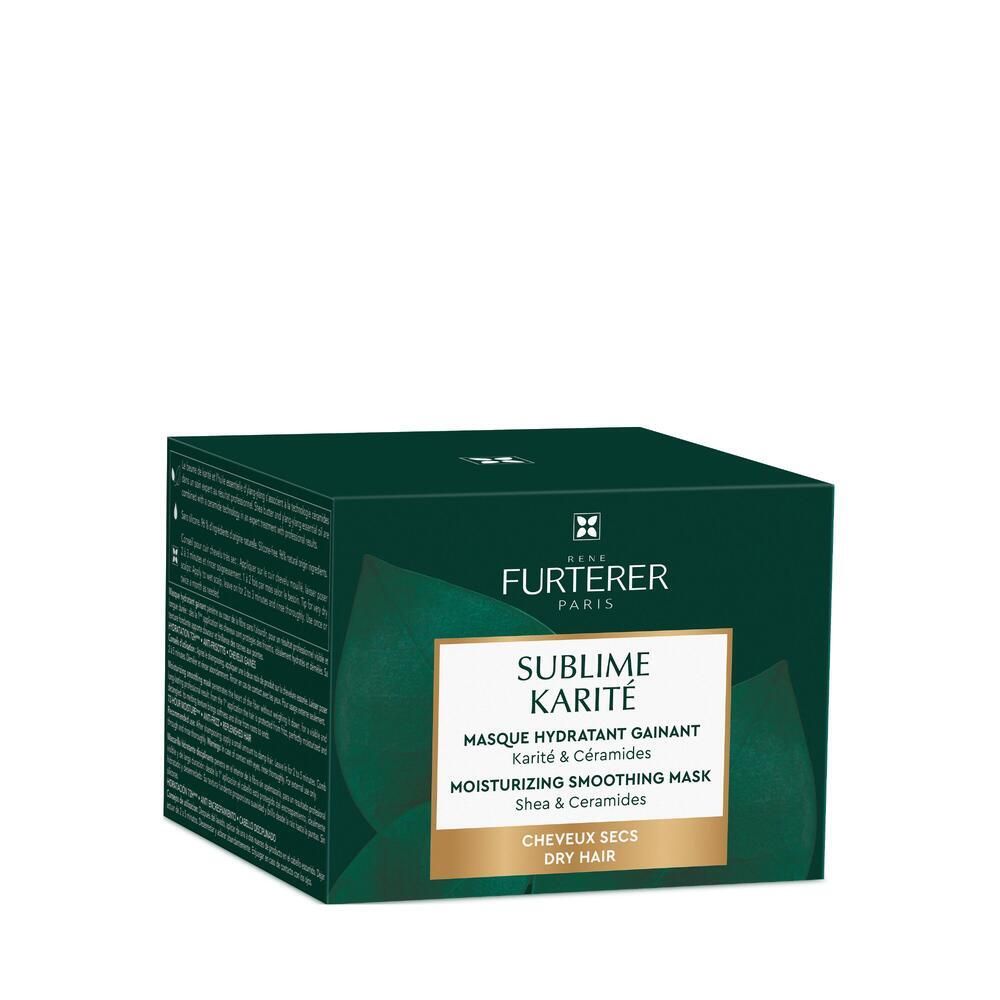 Boîte de masque capillaire. Vert, avec inscription: SUBLIME KARITE, Masque Hydratant Gainant, Shea & Ceramide, cheveux secs.