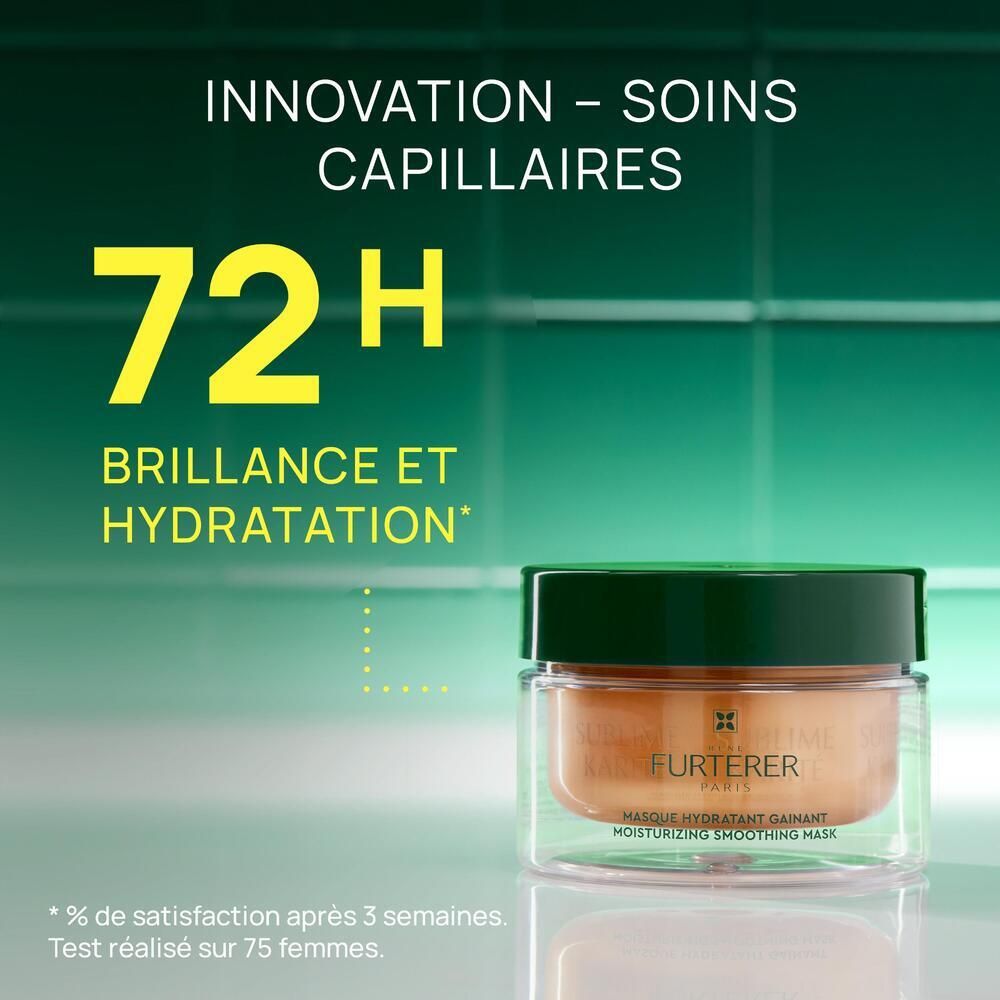 Masque capillaire en pot. Couvercle vert, pot transparent. Texte: 72H Brillance et Hydratation. Innovation - Soins capillaires.