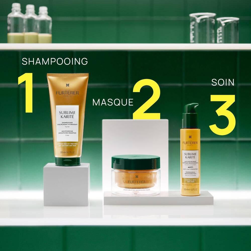 Trois produits sur socles. Shampooing, masque et sérum. Emballage vert et doré. FURTERER SUBLIME KARITE.