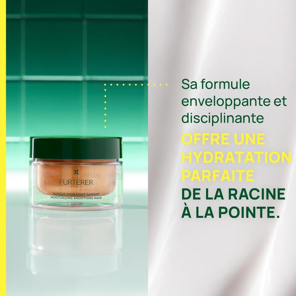 Masque capillaire en pot. Couvercle vert, pot transparent. Texte: Offre une hydratation parfaite de la racine à la pointe.