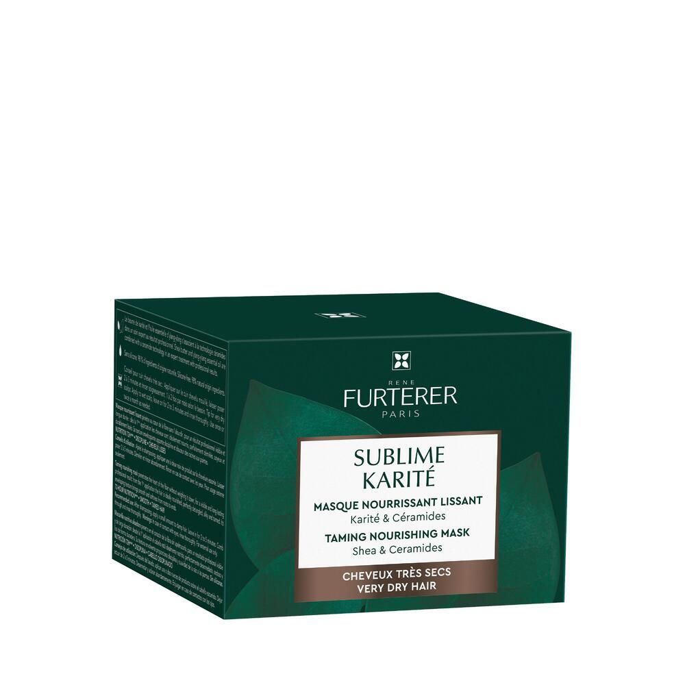Boîte vert foncé avec texte blanc. Inscription: FURTERER, SUBLIME KARITE. Pour cheveux très secs. Beurre de karité & Céramides.